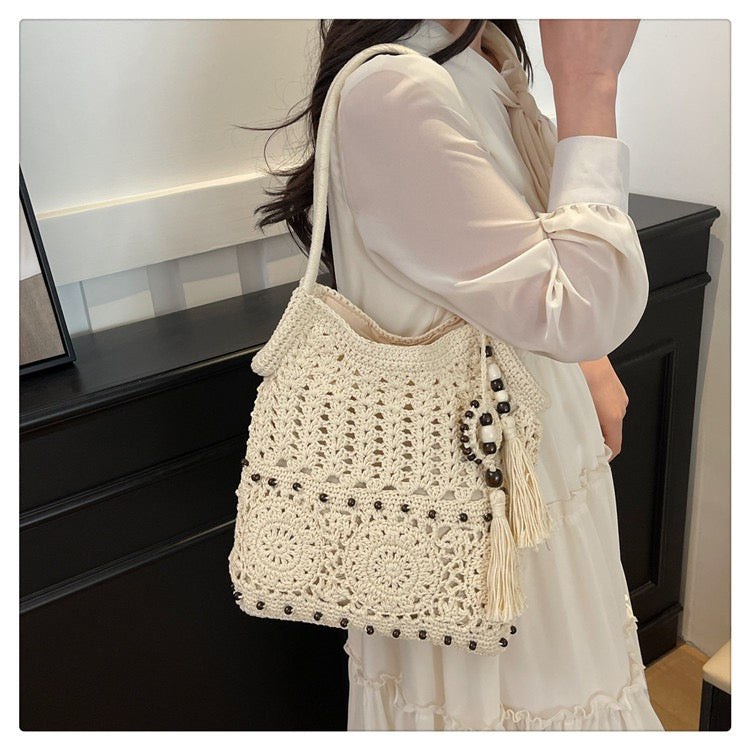 The Hobo Bag - Hand Crochet Large Women's Purse for Everyday & Travel - Durable Handbag & Tote With Zipper Pocket,Beige