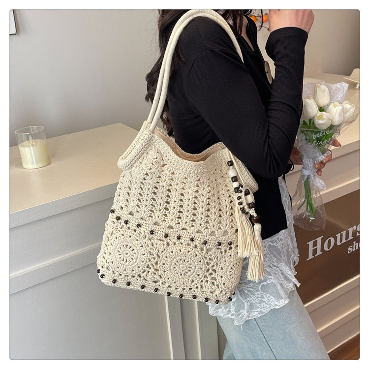 The Hobo Bag - Hand Crochet Large Women's Purse for Everyday & Travel - Durable Handbag & Tote With Zipper Pocket,Beige