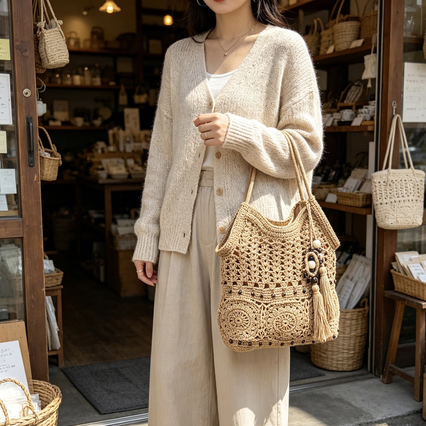 The Hobo Bag - Hand Crochet Large Women's Purse for Everyday & Travel - Durable Handbag & Tote With Zipper Pocket,Khaki