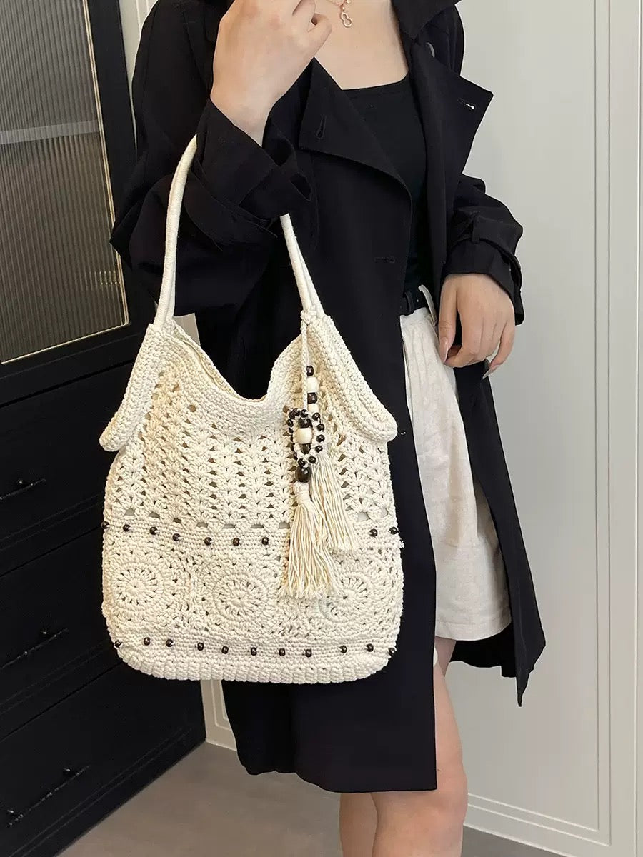 The Hobo Bag - Hand Crochet Large Women's Purse for Everyday & Travel - Durable Handbag & Tote With Zipper Pocket,Beige