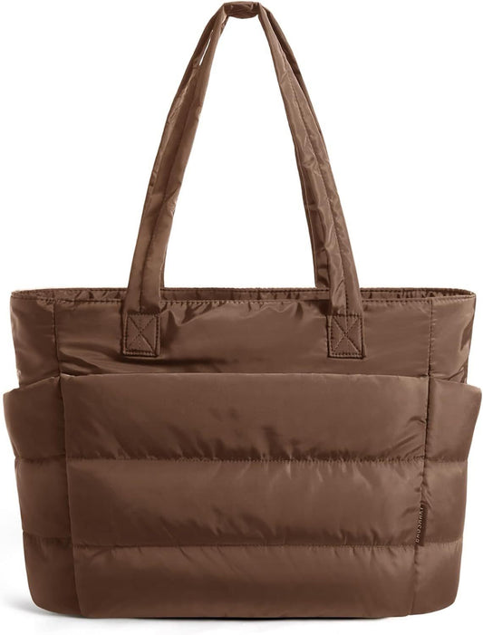 Tote Bag for Women, Lightweight Puffy Tote Bag with Compartments Shoulder Bag Handbag for Travel, Work, Gym | Lightweight, Puffy, Quilted,Brown