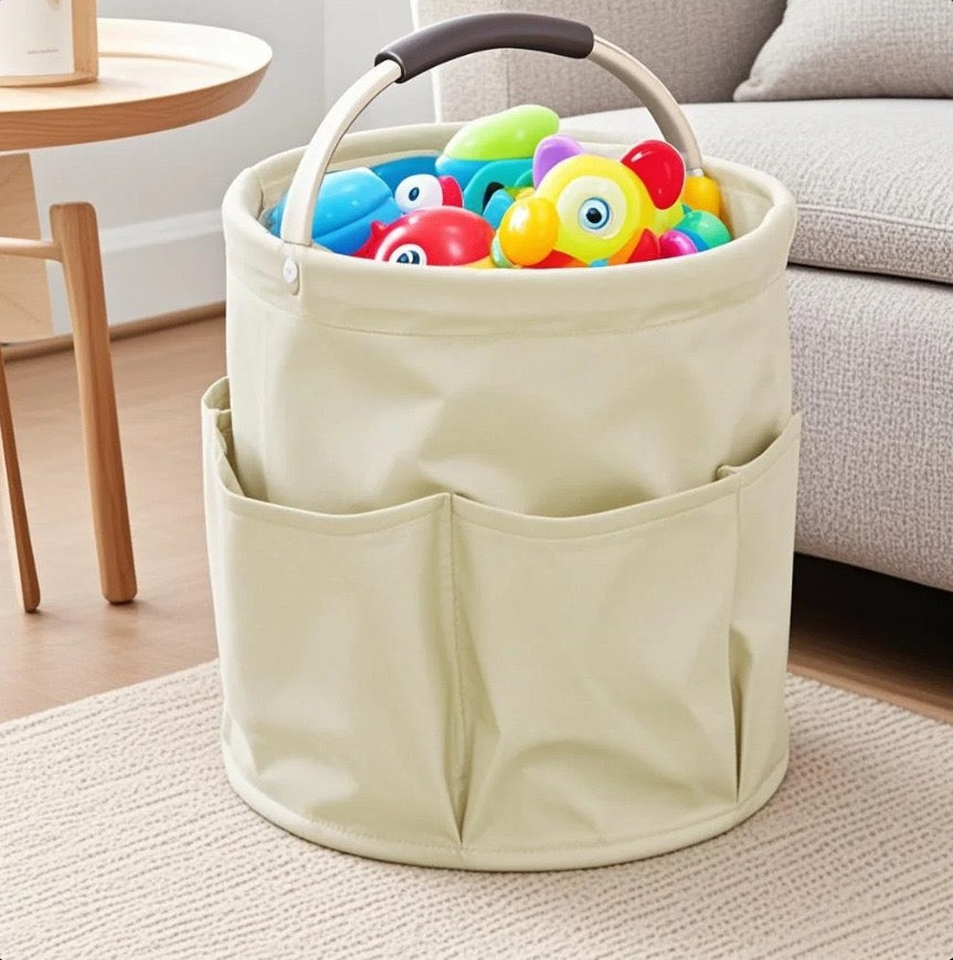 Collapsible Basket with Handles: Portable Picnic, Beach, Garden Harvest,Market Shopping Basket, Home Storage, Bathroom Organizer,Almond