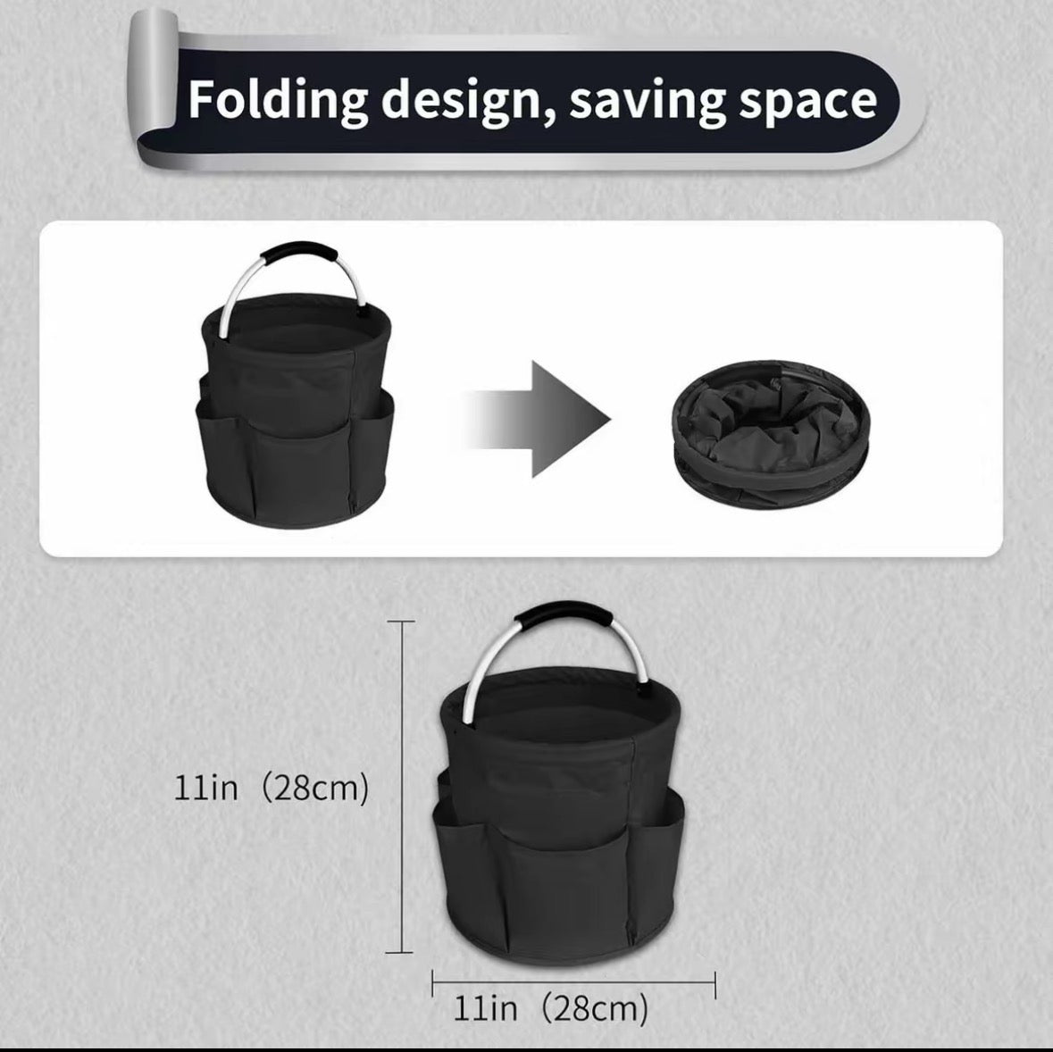Collapsible Basket with Handles: Portable Picnic, Beach, Garden Harvest,Market Shopping Basket, Home Storage, Bathroom Organizer,Black