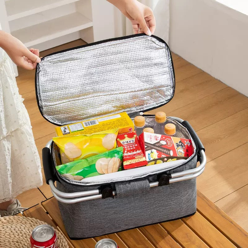 Picnic Basket Included 18L Insulated Cooler, Thickening Foldable Picnic Basket with Removable Baskets & Sewn-in Frame(Black)