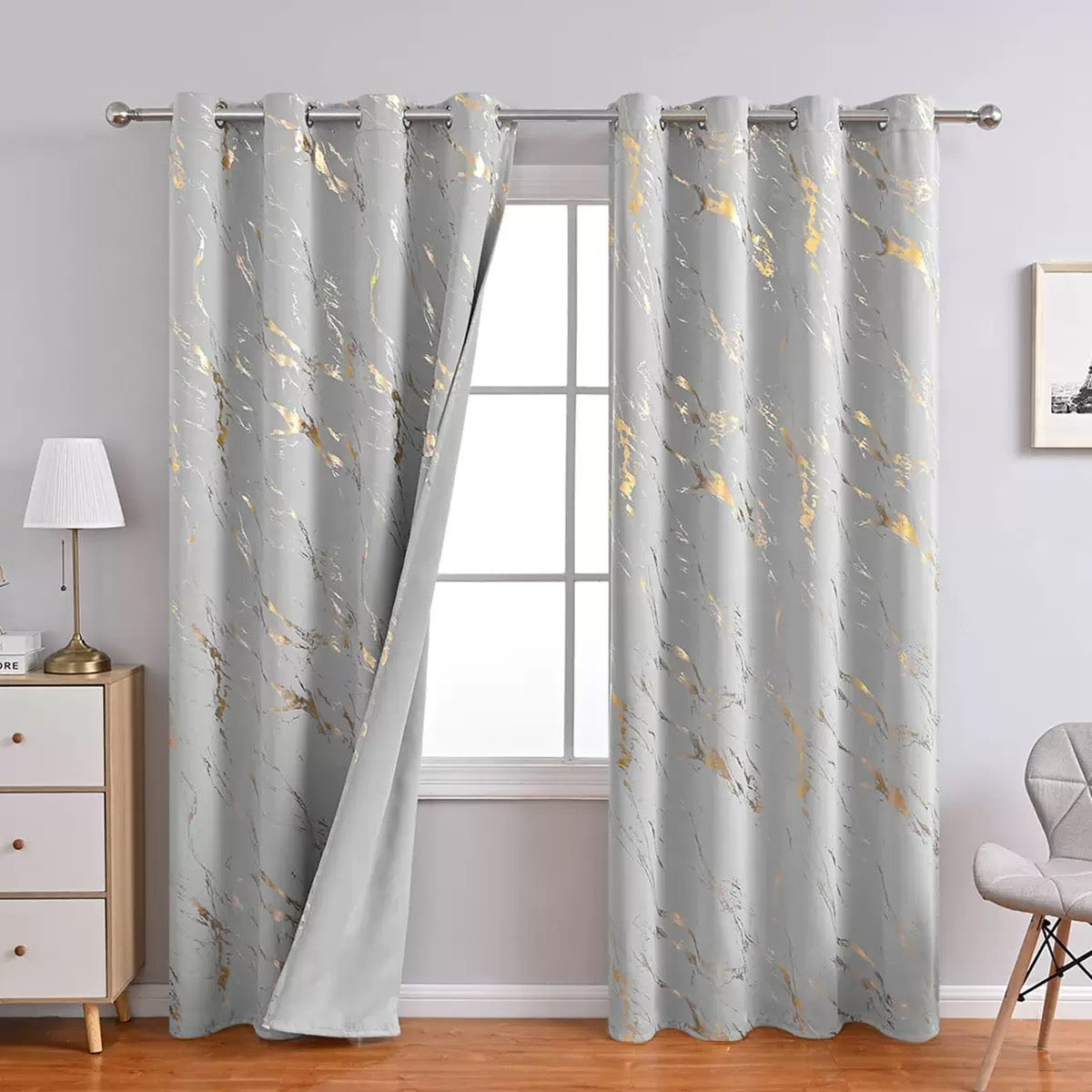 90% Blackout Curtains 2 Panels, Gold Marble Patterned Blackout Curtains Thermal Insulated Room Darkening Drapes for Living Room ,Light Grey