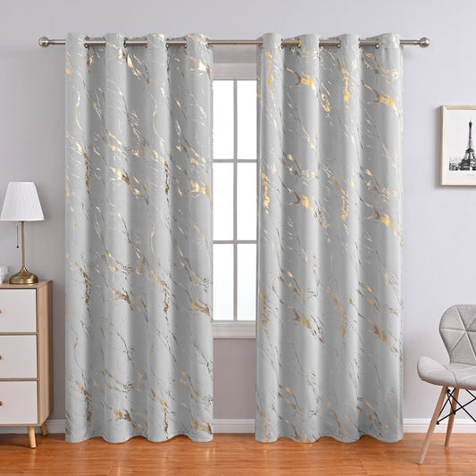 90% Blackout Curtains 2 Panels, Gold Marble Patterned Blackout Curtains Thermal Insulated Room Darkening Drapes for Living Room ,Light Grey