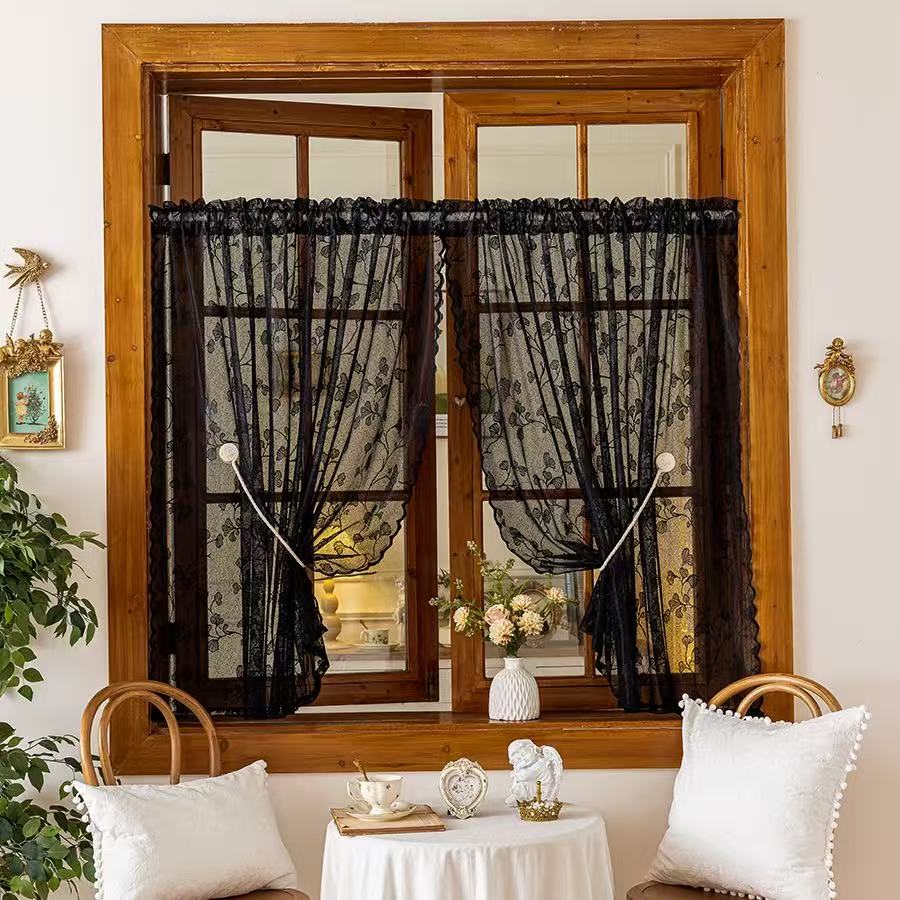 Vintage Lace Curtains Romantic Ginkgo biloba leaves pattern Curtains Panels for Kithchen Living Room French Door, Black