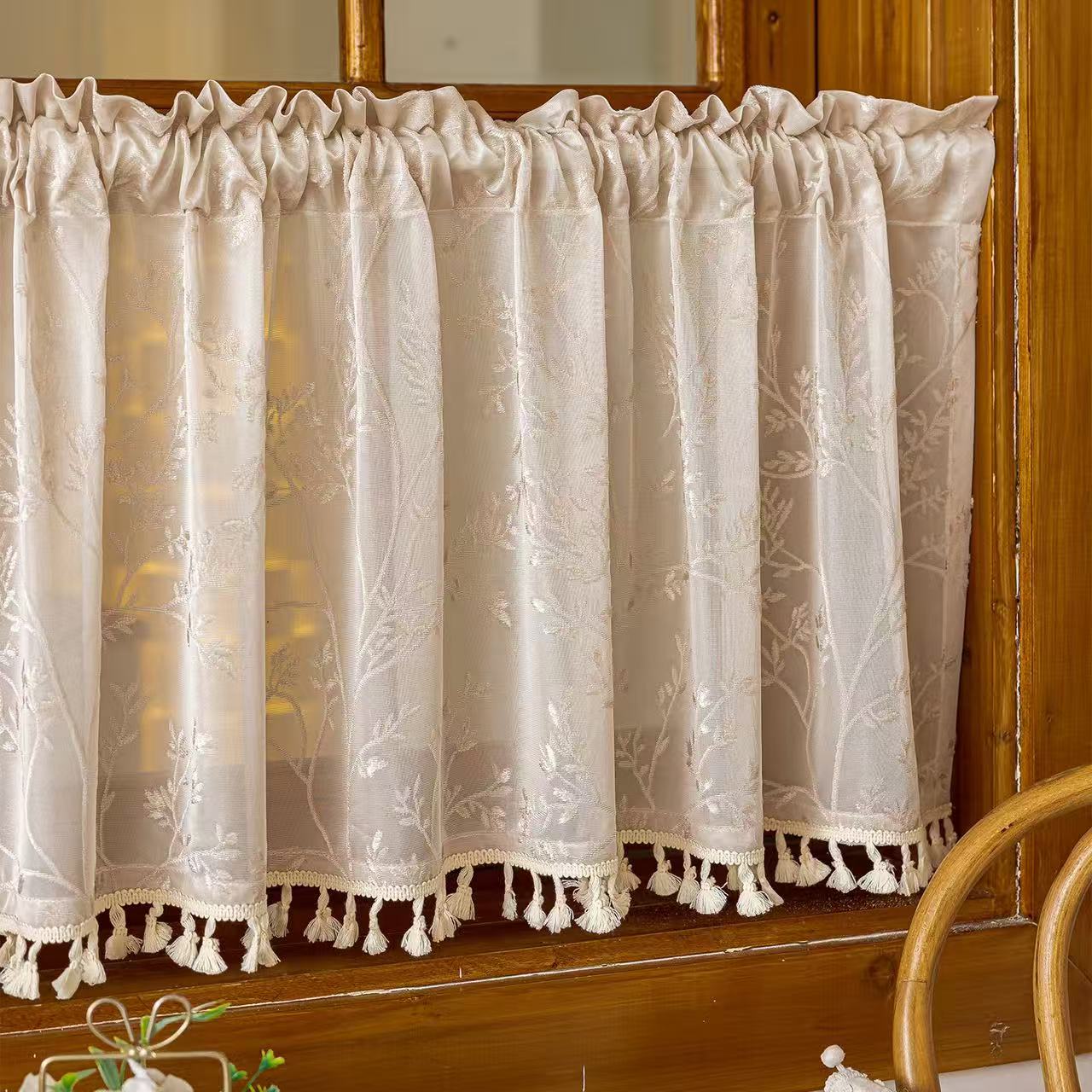 Beige Valances for Windows, Small Window Curtains for Living Room Bathroom Laundry Basement, Modern Rod Pocket Semi Sheer Jacquard Curtains