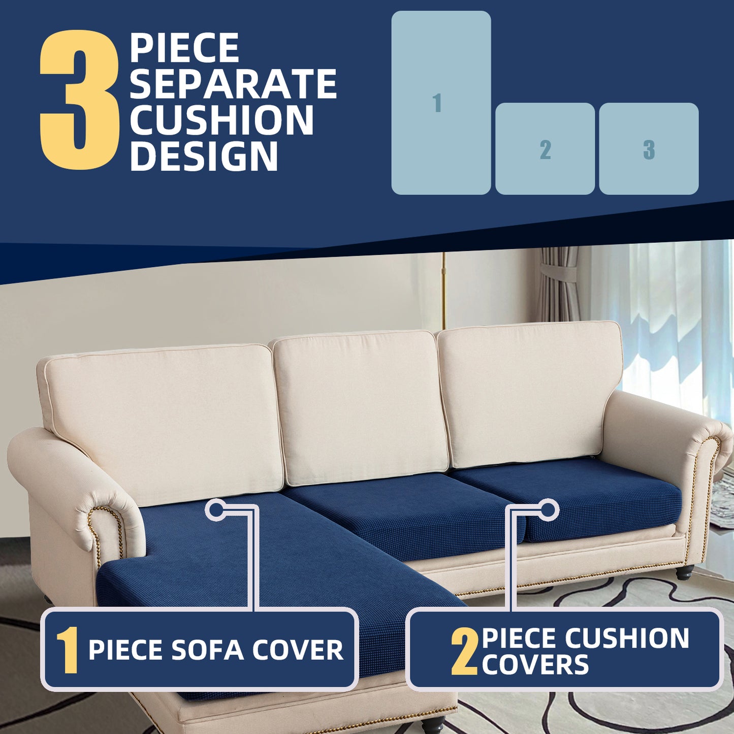 Sectional Couch Covers 3 Pieces Sofa Seat Cushion Covers L Shape Separate Cushion Couch Chaise Cover for Both Left/Right Sectional Couch (Large Sofa 2 Seater + 1 Chaise, Navy)
