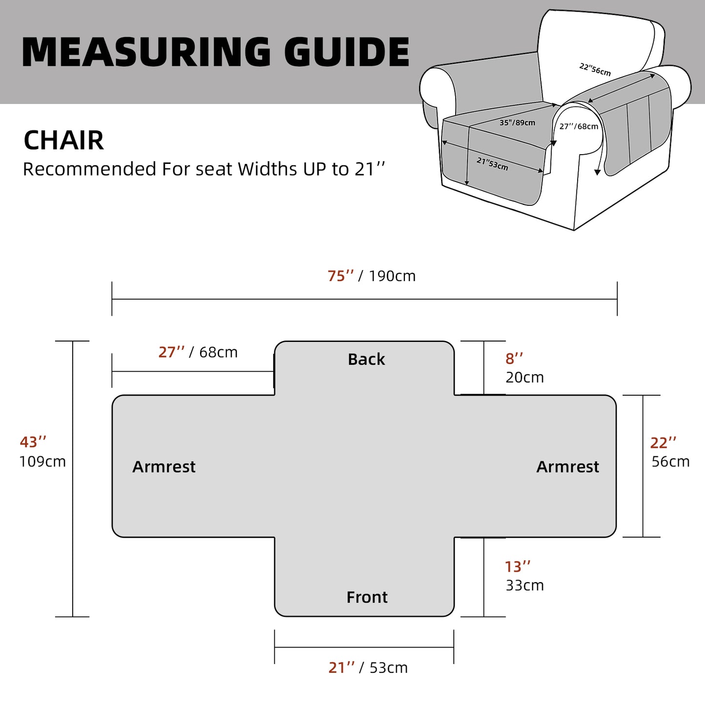 Recliner Sofa Cover Backless  for 1/2/3 Seater with Pocket, Slipcovers Reversible Washable Elastic Adjustable Strap for home,Coffee