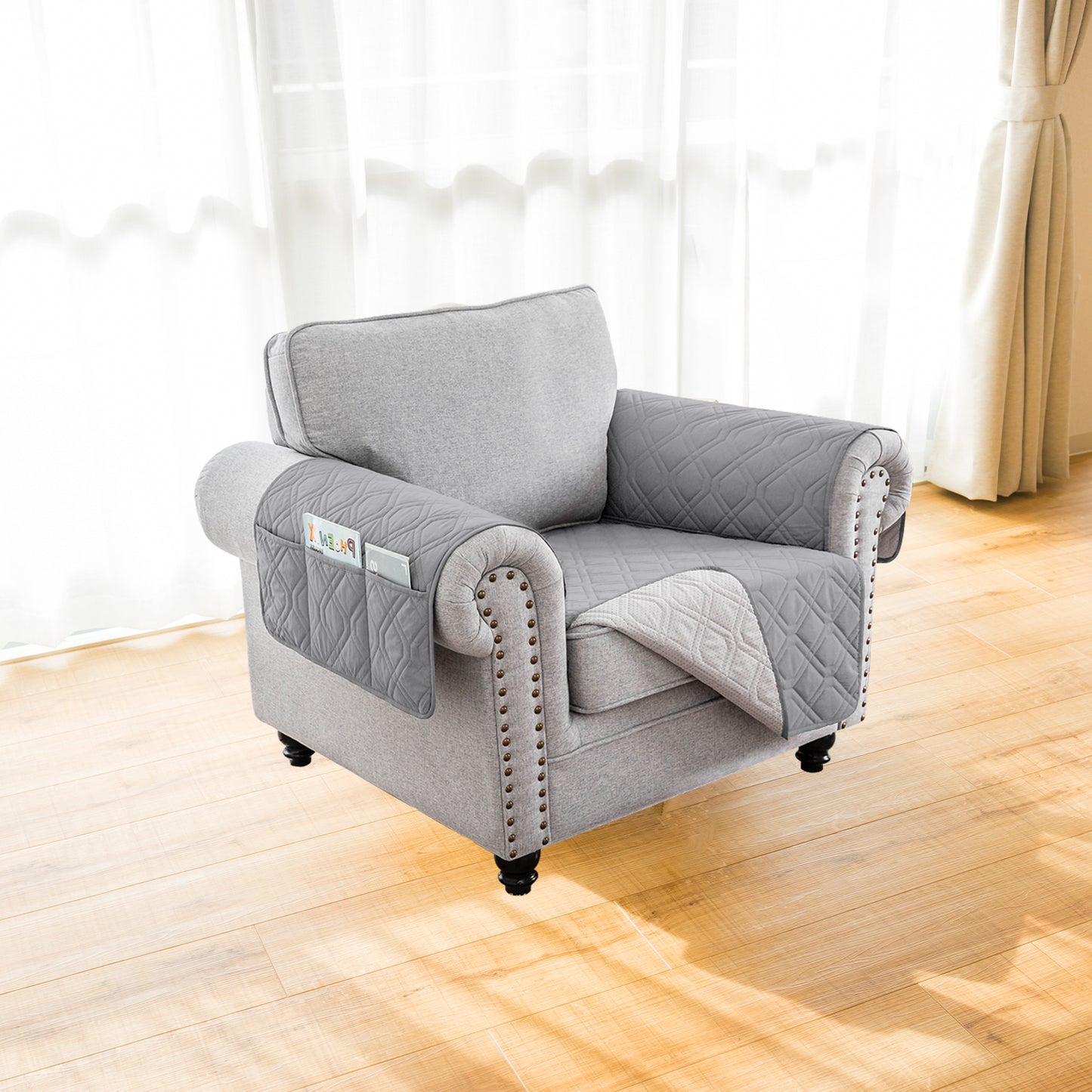 Recliner Sofa Cover Backless  for 1/2/3 Seater with Pocket, Slipcovers Reversible Washable Elastic Adjustable Strap for home,Dove