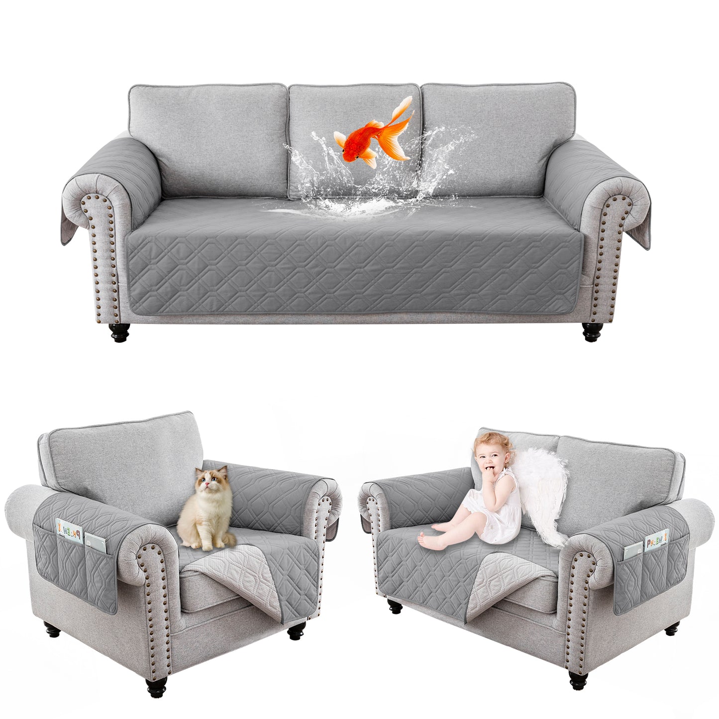 Recliner Sofa Cover Backless  for 1/2/3 Seater with Pocket, Slipcovers Reversible Washable Elastic Adjustable Strap for home,Dove