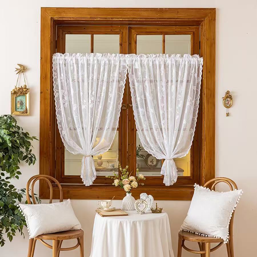 Vintage Lace Curtains Romantic Ginkgo biloba leaves pattern Curtains Panels for Kithchen Living Room French Door, White