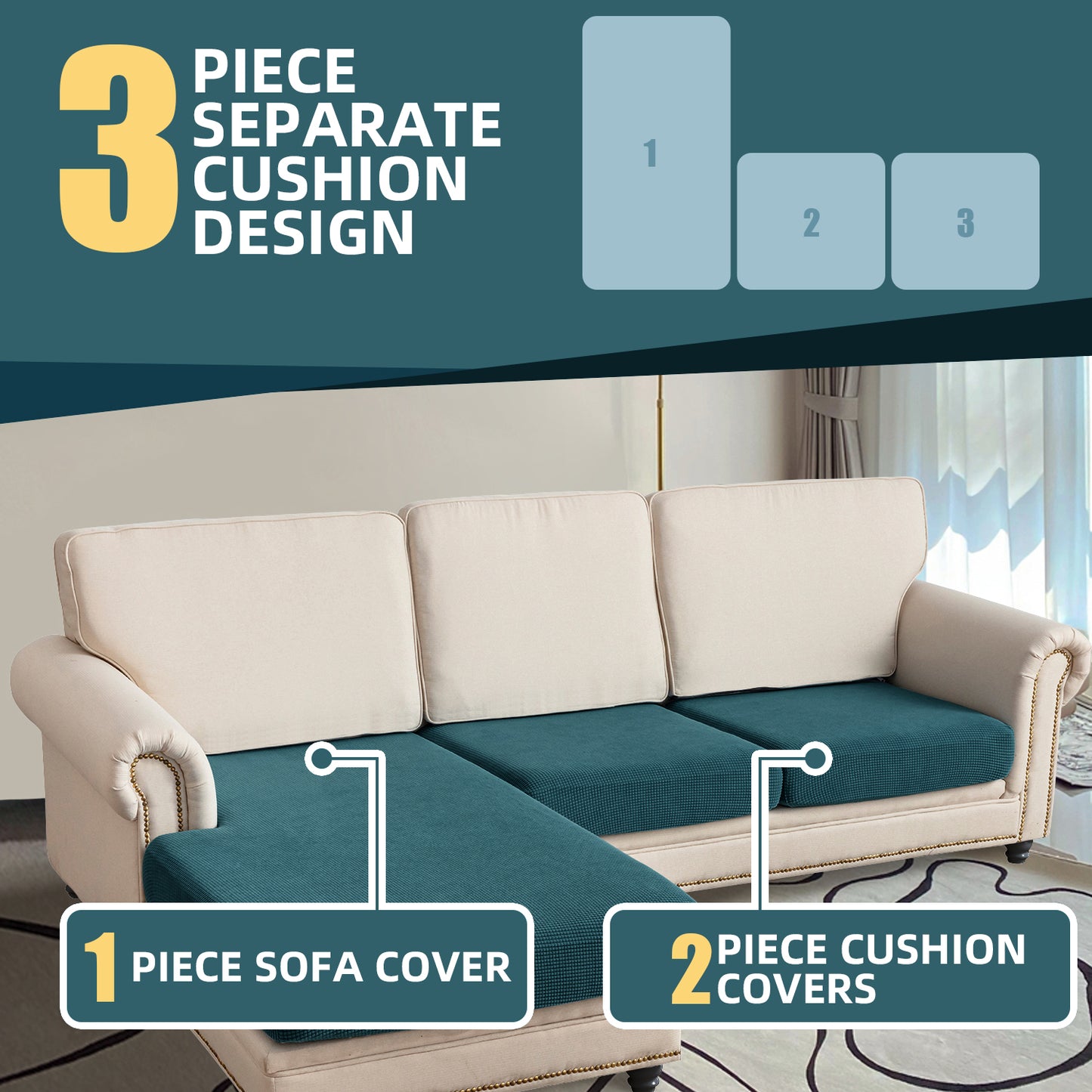 Sectional Couch Covers 3 Pieces Sofa Seat Cushion Covers L Shape Separate Cushion Couch Chaise Cover for Both Left/Right Sectional Couch (Large Sofa 2 Seater + 1 Chaise, Dark Teal)