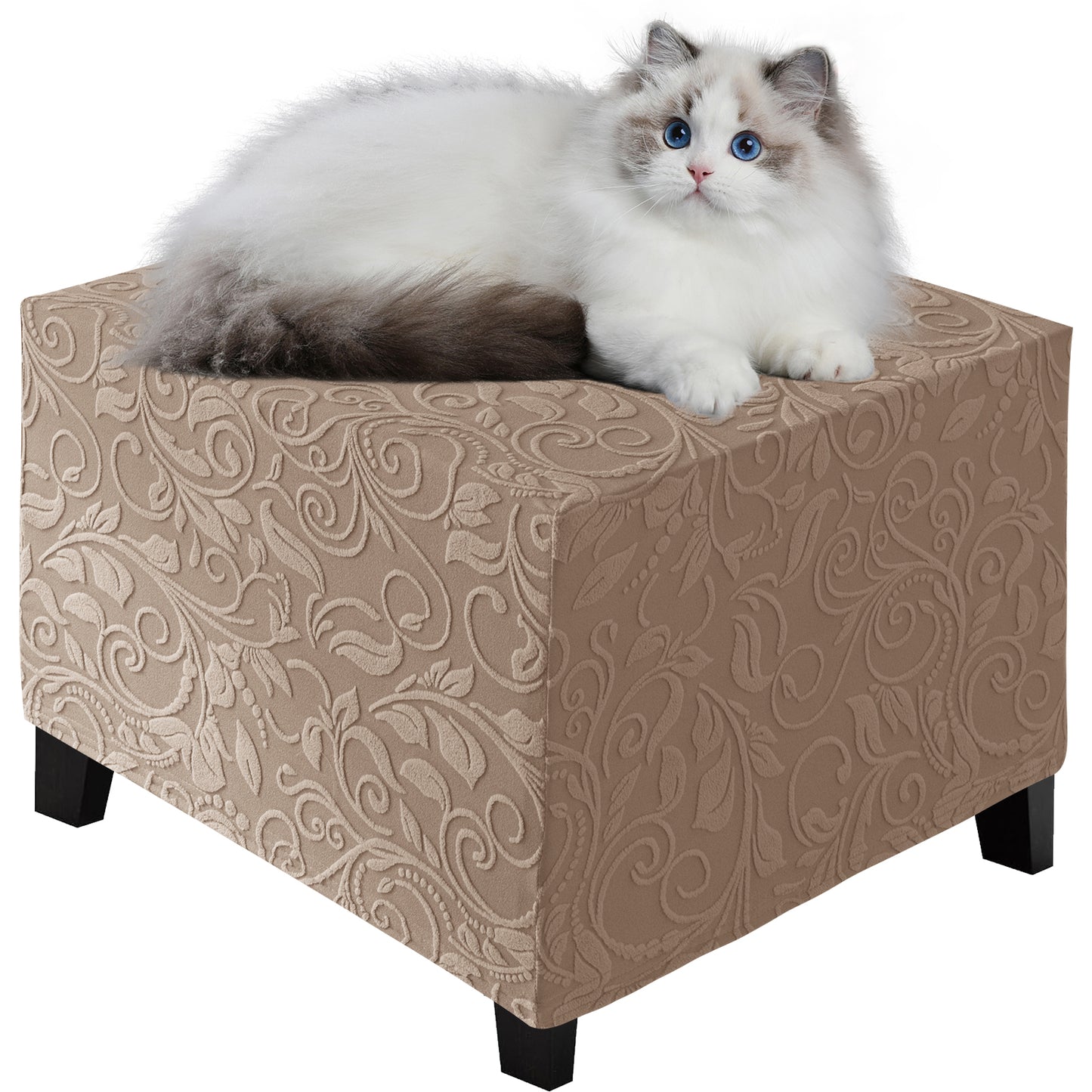 Stretch Square Ottoman Cover Jacquard Embroidery  Folding Storage Stool Furniture Protector Soft Rectangle slipcover with Elastic Bottom ,Light Brown
