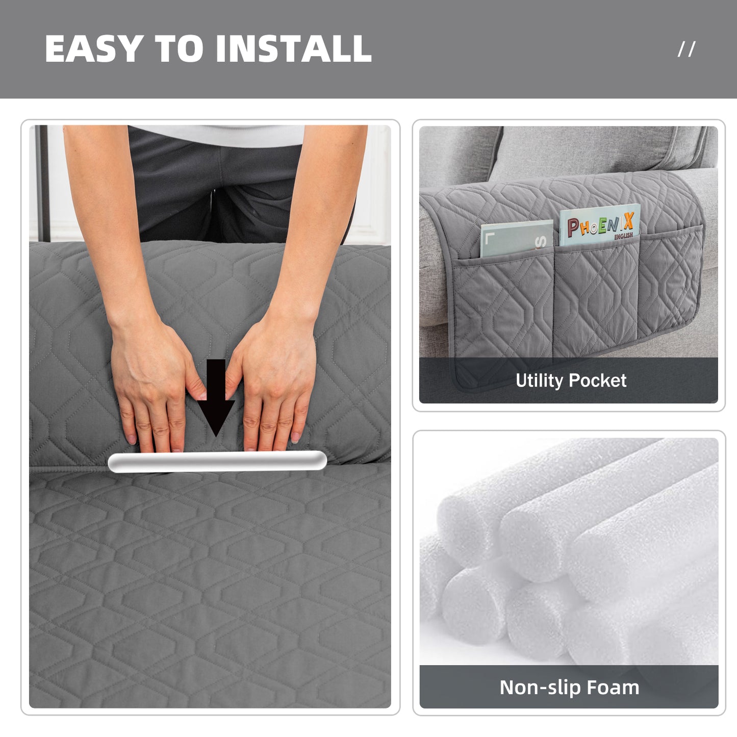 Recliner Sofa Cover Backless  for 1/2/3 Seater with Pocket, Slipcovers Reversible Washable Elastic Adjustable Strap for home,Grey