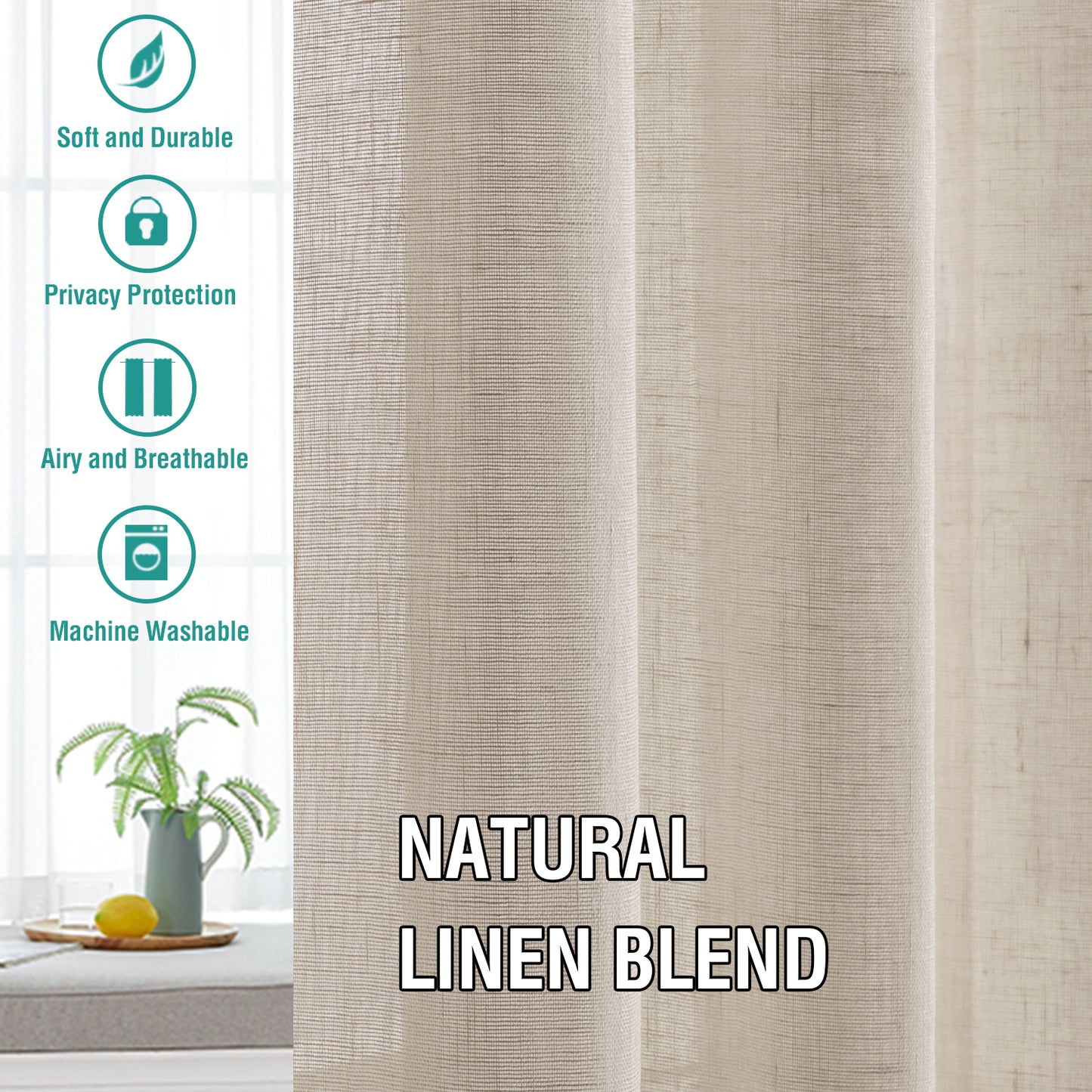 Natural Linen Sheer Curtains 2 Panels, Rod Pocket Semitransparent Semi-Sheer Soft Comfort Privacy Drapes,Linen