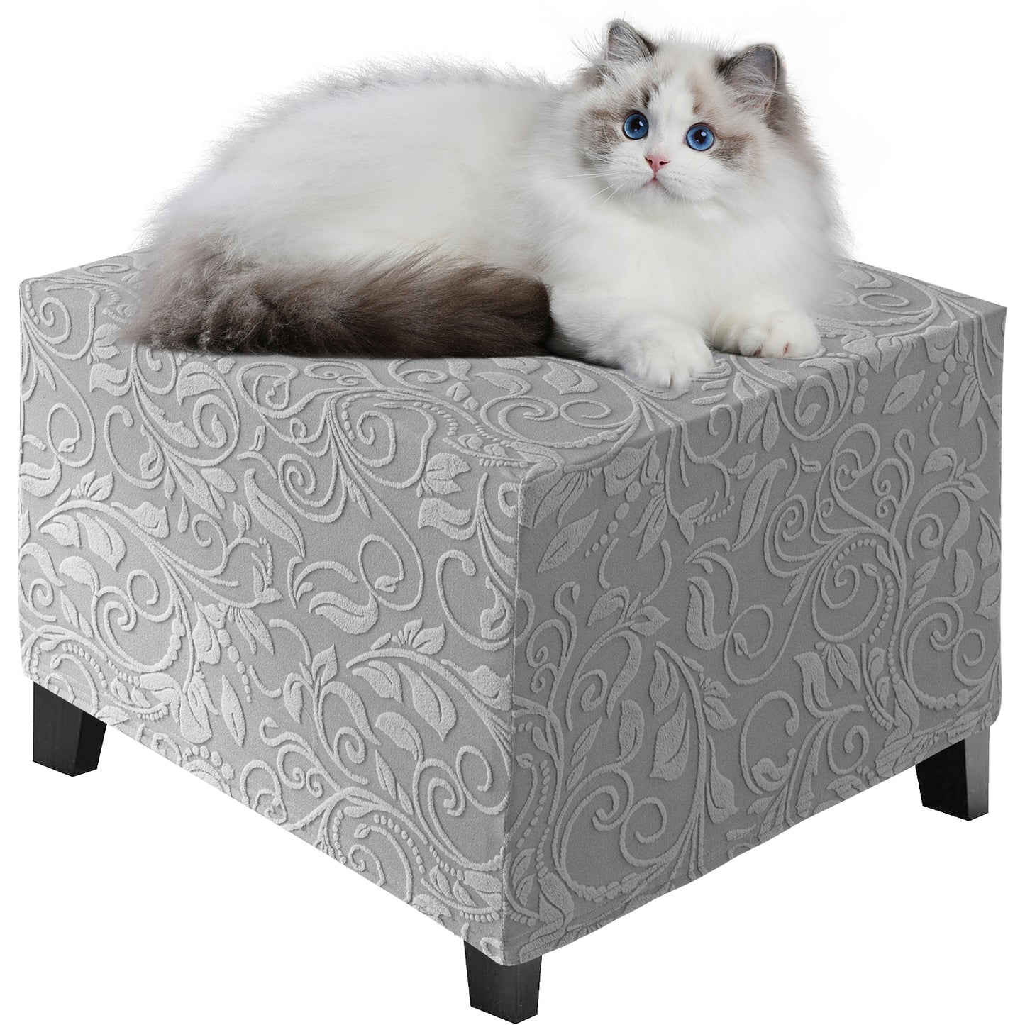 Stretch Square Ottoman Cover Jacquard Embroidery  Folding Storage Stool Furniture Protector Soft Rectangle slipcover with Elastic Bottom ,Grey