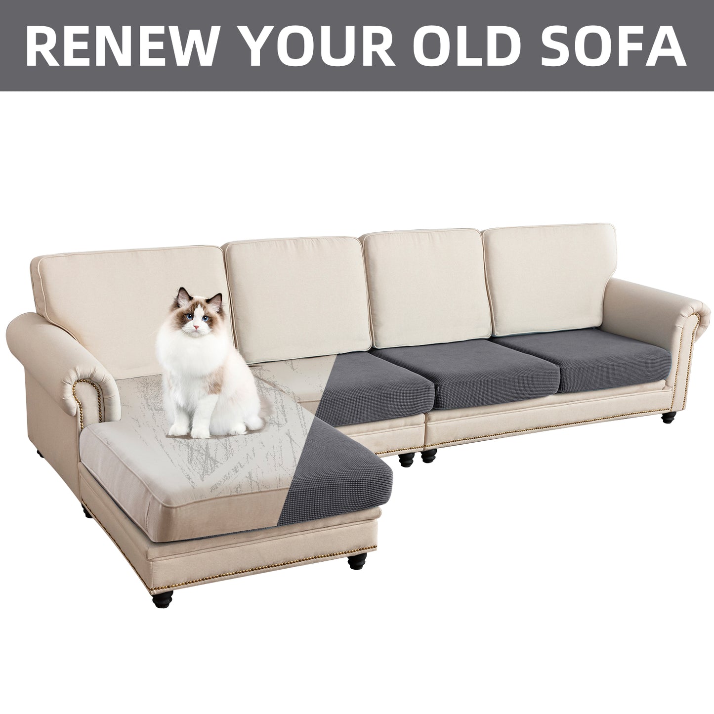 Sectional Couch Covers 4 Pieces Sofa Seat Cushion Covers L Shape Separate Cushion Couch Chaise Cover for Both Left/Right Sectional Couch (Large Sofa 3 Seater + 1 Chaise, Grey)