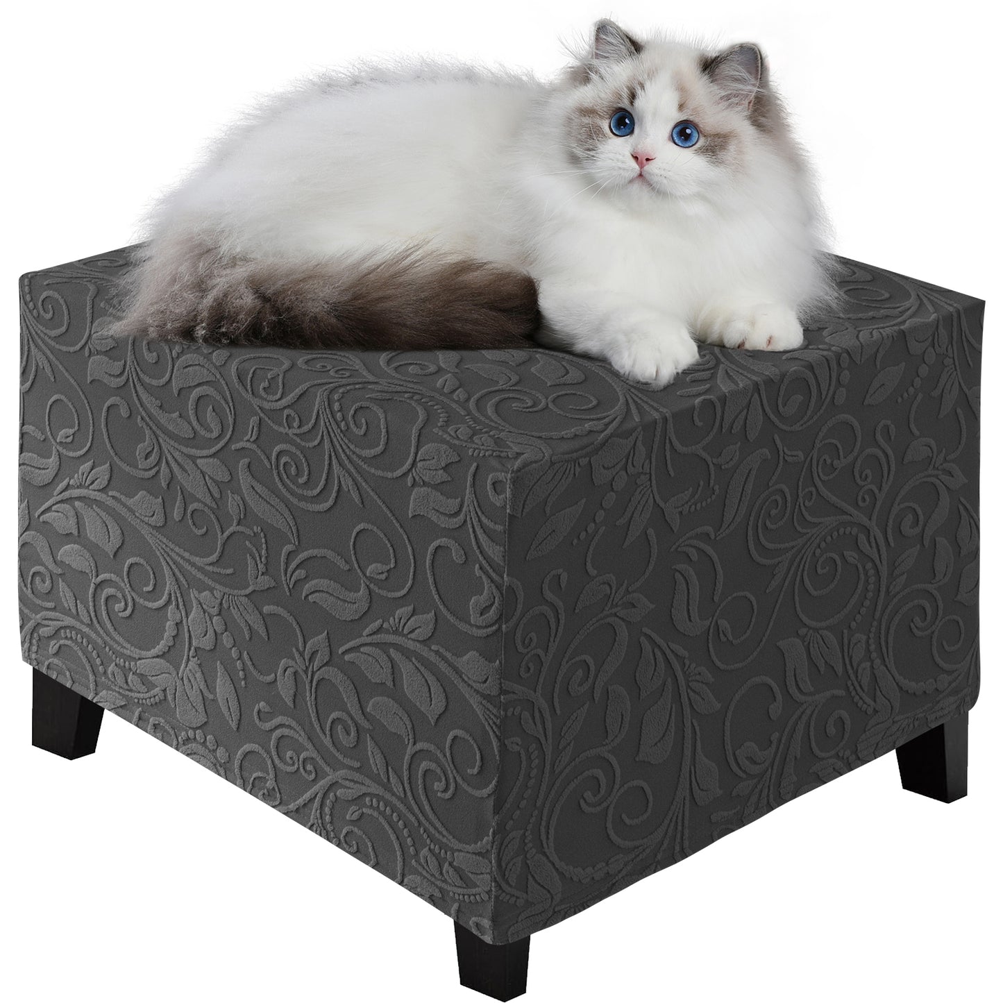 Stretch Square Ottoman Cover Jacquard Embroidery  Folding Storage Stool Furniture Protector Soft Rectangle slipcover with Elastic Bottom ,Dark Grey