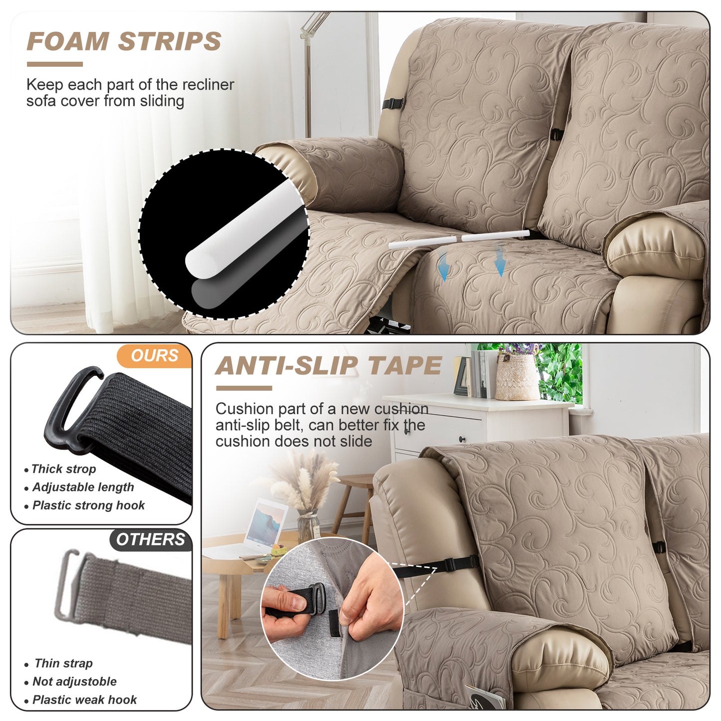 Waterproof Recliner Sofa Covers 3 Seater, Non-Slip Reclining Couch Covers for 3 Seat, Reclining Sofa Covers for Living Room, for Pets Kids Protector, Washable (Taupe)