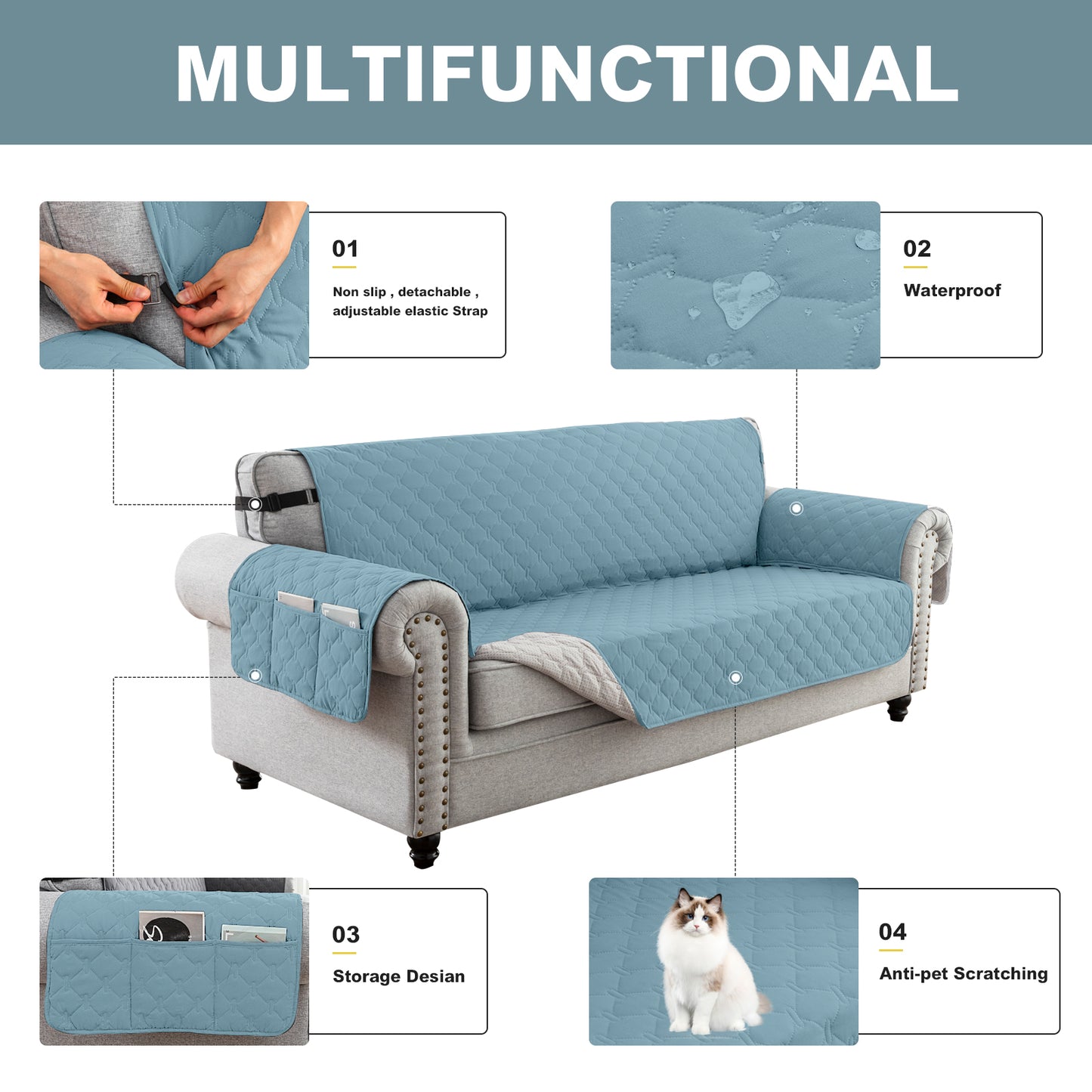 Sofa Slipcover Waterproof Couch Cover Non-Slip Sofa Cover for 1/2/3 Cushion Couch Seamless Whole Piece Fabric Furniture Protector for Pets Kids Children Dog Cat, Somke Blue