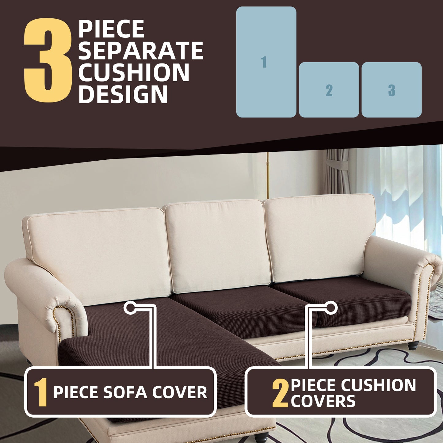 Sectional Couch Covers 3 Pieces Sofa Seat Cushion Covers L Shape Separate Cushion Couch Chaise Cover for Both Left/Right Sectional Couch (Large Sofa 2 Seater + 1 Chaise, Brown)