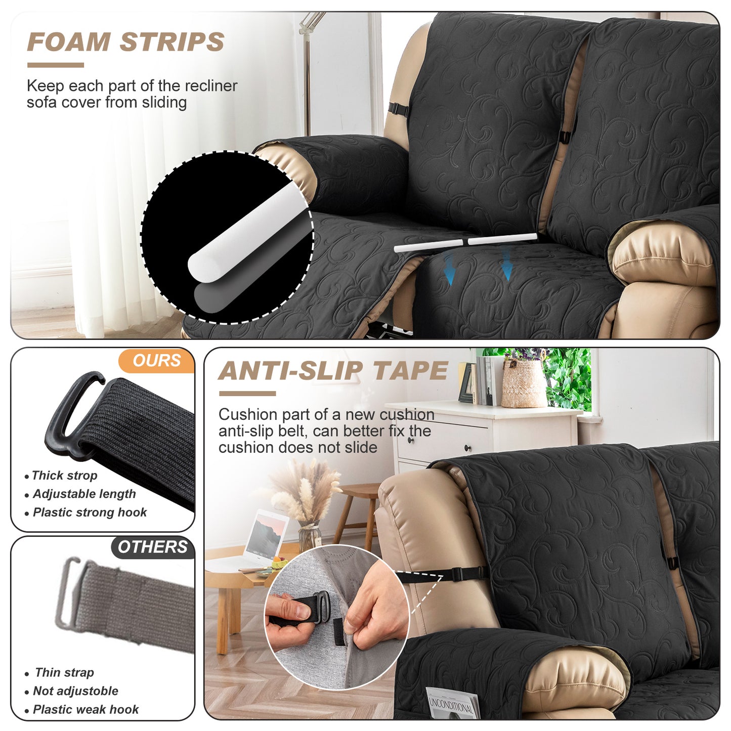 Waterproof Recliner Sofa Covers 3 Seater, Non-Slip Reclining Couch Covers for 3 Seat, Reclining Sofa Covers for Living Room, for Pets Kids Protector, Washable (Black)