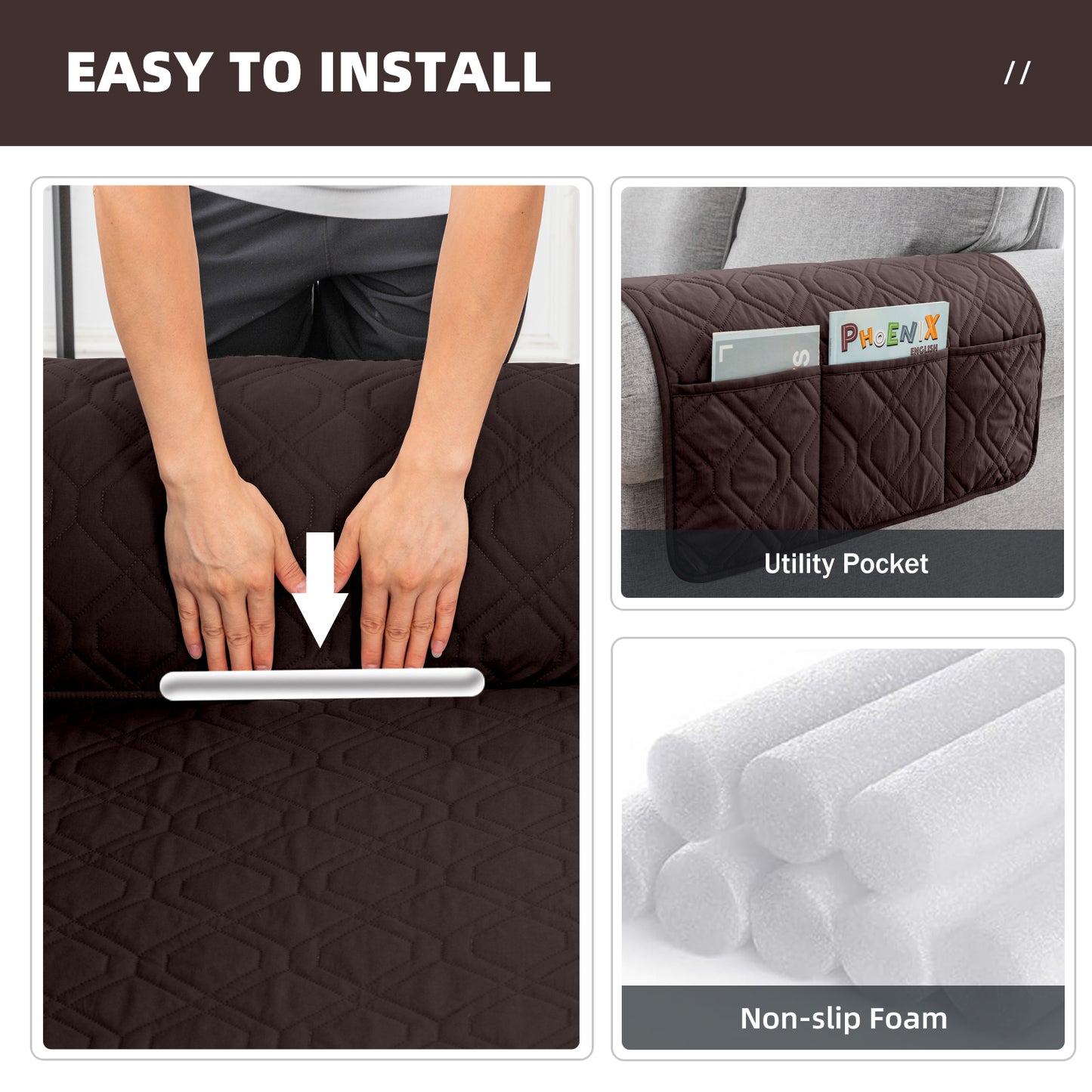 Recliner Sofa Cover Backless  for 1/2/3 Seater with Pocket, Slipcovers Reversible Washable Elastic Adjustable Strap for home,Chocolate