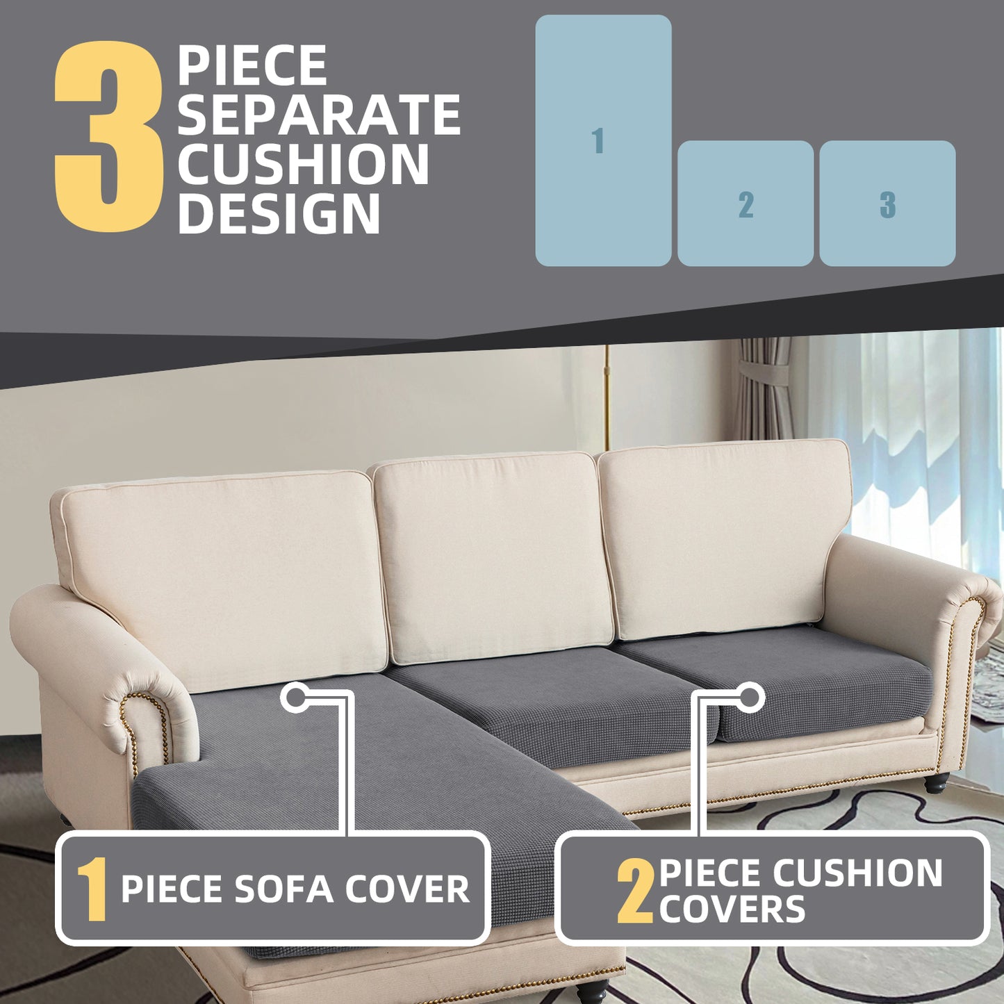Sectional Couch Covers 3 Pieces Sofa Seat Cushion Covers L Shape Separate Cushion Couch Chaise Cover for Both Left/Right Sectional Couch (Large Sofa 2 Seater + 1 Chaise, Grey)