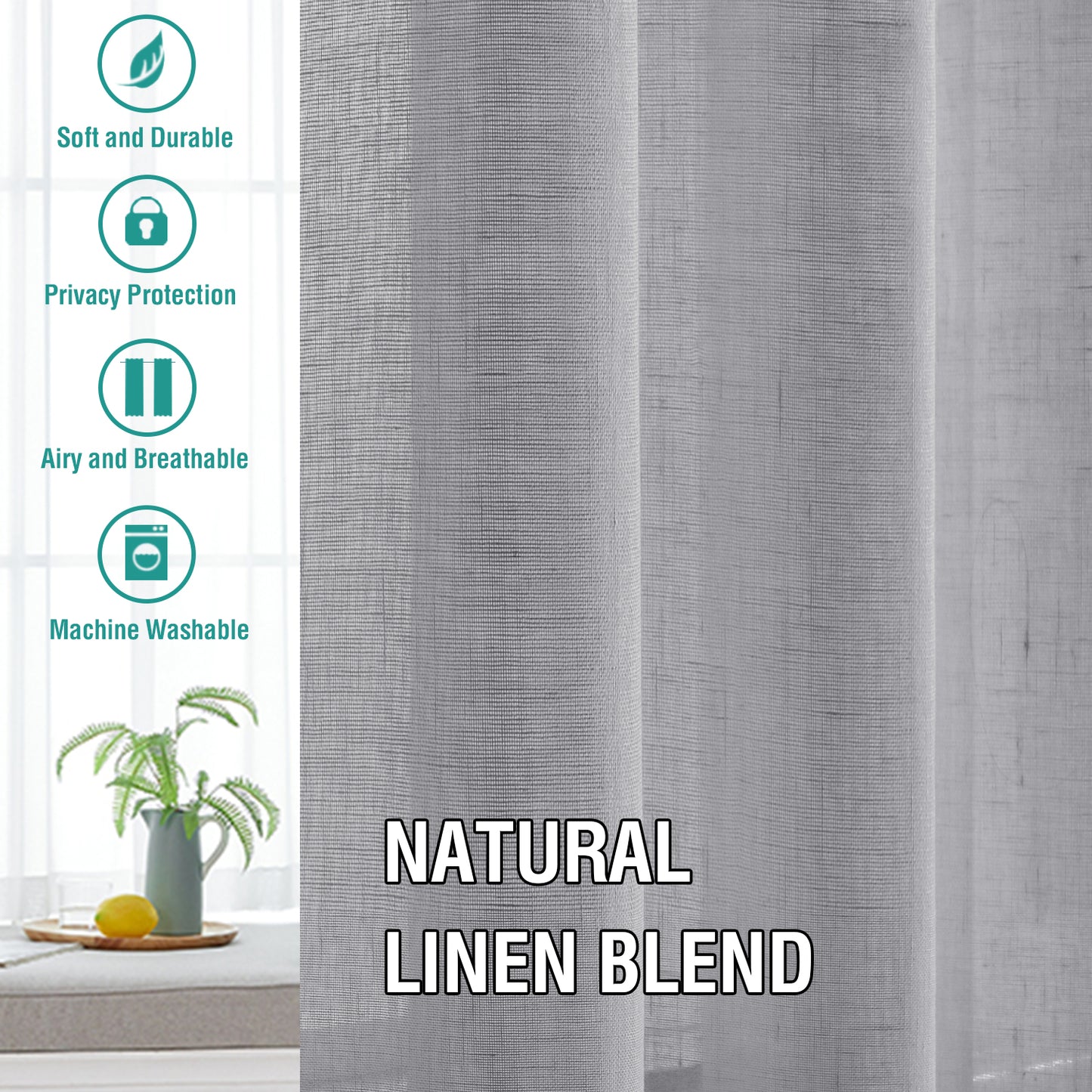 Natural Linen Sheer Curtains 2 Panels, Rod Pocket Semitransparent Semi-Sheer Soft Comfort Privacy Drapes,Grey