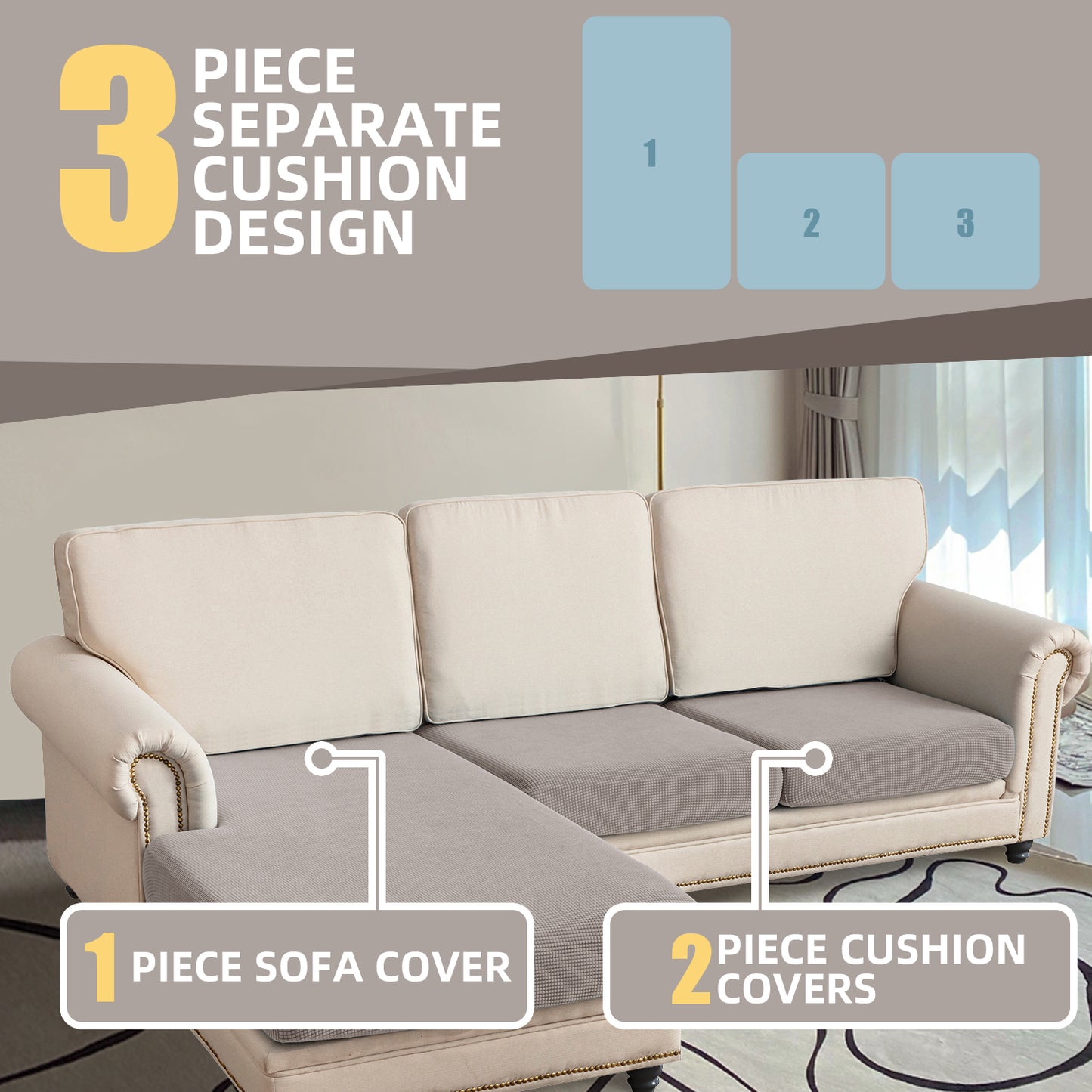 Sectional Couch Covers 3 Pieces Sofa Seat Cushion Covers L Shape Separate Cushion Couch Chaise Cover for Both Left/Right Sectional Couch (Large Sofa 2 Seater + 1 Chaise, Taupe)