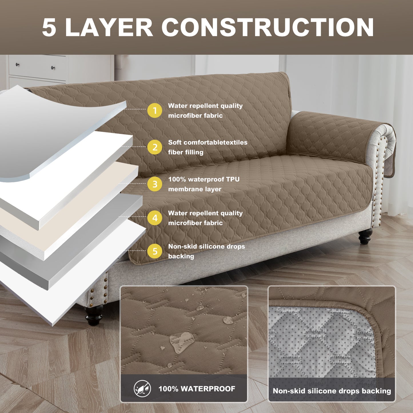 Sofa Slipcover Waterproof Couch Cover Non-Slip Sofa Cover for 1/2/3 Cushion Couch Seamless Whole Piece Fabric Furniture Protector for Pets Kids Children Dog Cat, Taupe