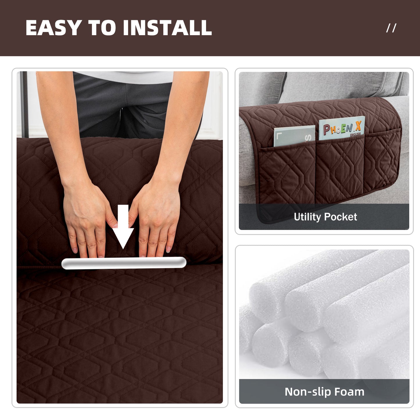 Recliner Sofa Cover Backless  for 1/2/3 Seater with Pocket, Slipcovers Reversible Washable Elastic Adjustable Strap for home,Coffee