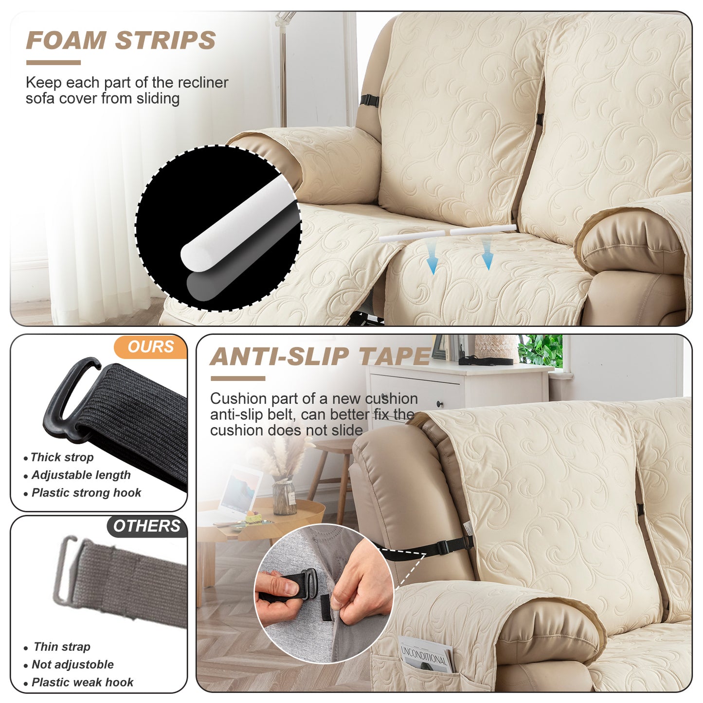 Waterproof Recliner Sofa Covers 3 Seater, Non-Slip Reclining Couch Covers for 3 Seat, Reclining Sofa Covers for Living Room, for Pets Kids Protector, Washable (Beige)
