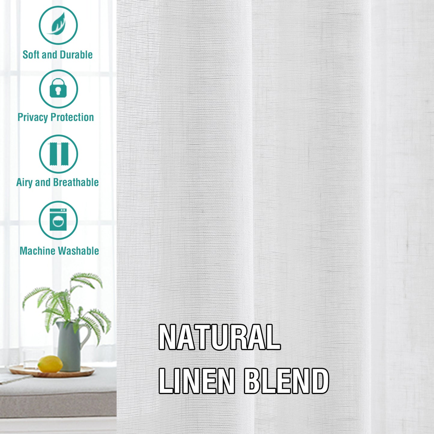 Natural Linen Sheer Curtains 2 Panels, Rod Pocket Semitransparent Semi-Sheer Soft Comfort Privacy Drapes,White