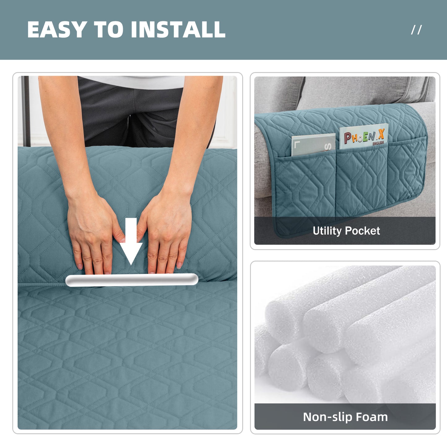 Recliner Sofa Cover Backless  for 1/2/3 Seater with Pocket, Slipcovers Reversible Washable Elastic Adjustable Strap for home,Grey Blue