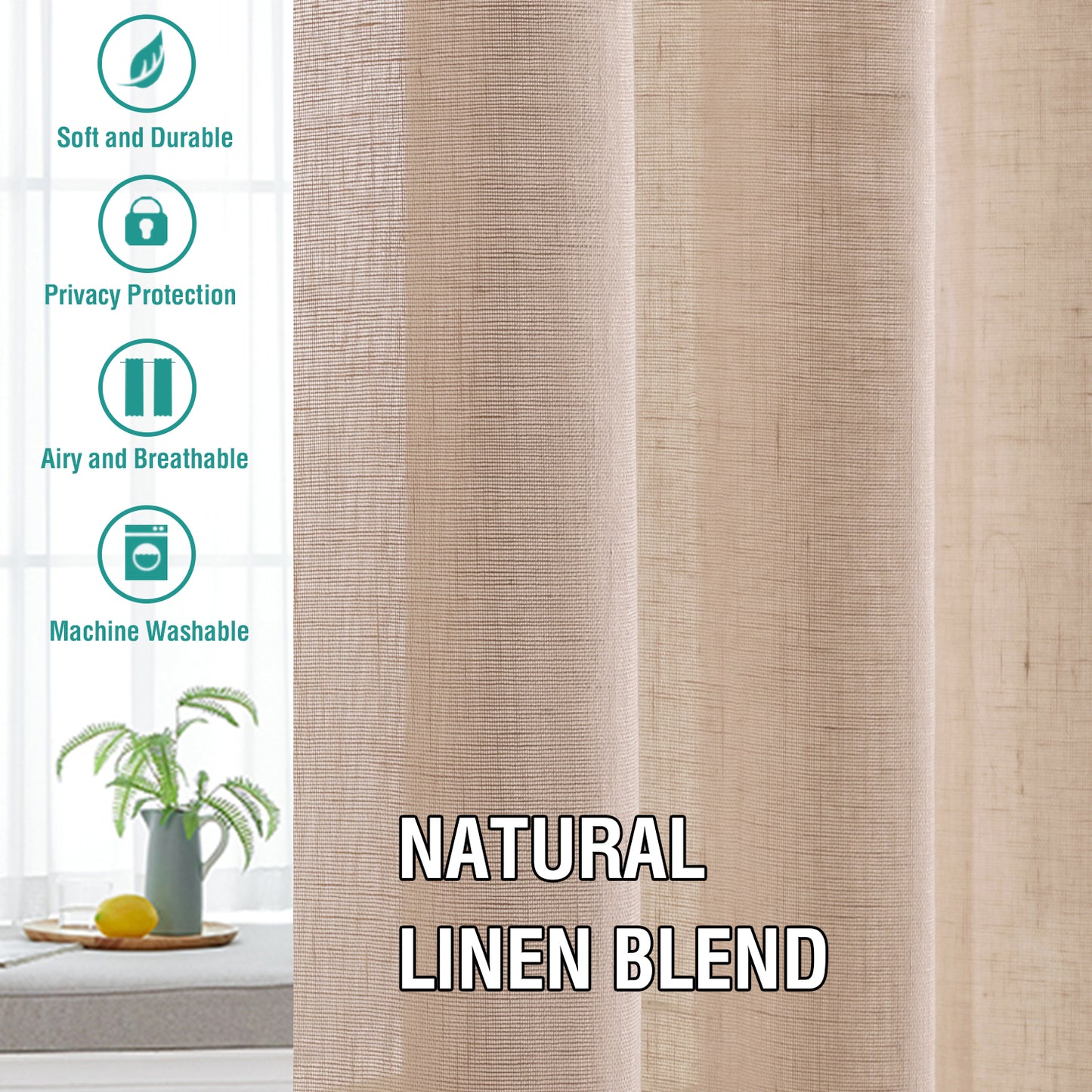 Natural Linen Sheer Curtains 2 Panels, Rod Pocket Semitransparent Semi-Sheer Soft Comfort Privacy Drapes,Natural