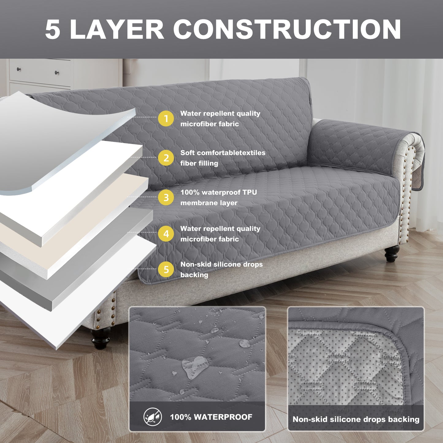 Sofa Slipcover Waterproof Couch Cover Non-Slip Sofa Cover for 1/2/3 Cushion Couch Seamless Whole Piece Fabric Furniture Protector for Pets Kids Children Dog Cat,Grey