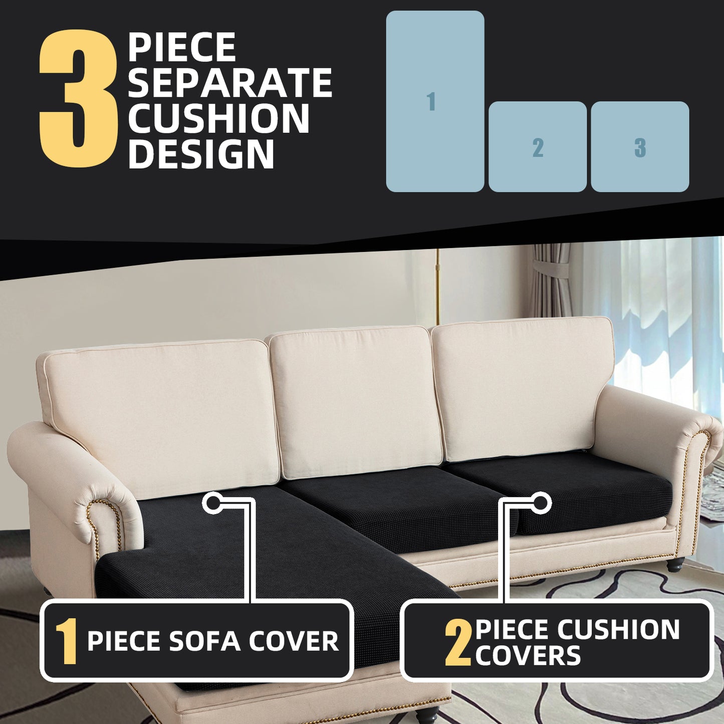 Sectional Couch Covers 3 Pieces Sofa Seat Cushion Covers L Shape Separate Cushion Couch Chaise Cover for Both Left/Right Sectional Couch (Large Sofa 2 Seater + 1 Chaise, Black)