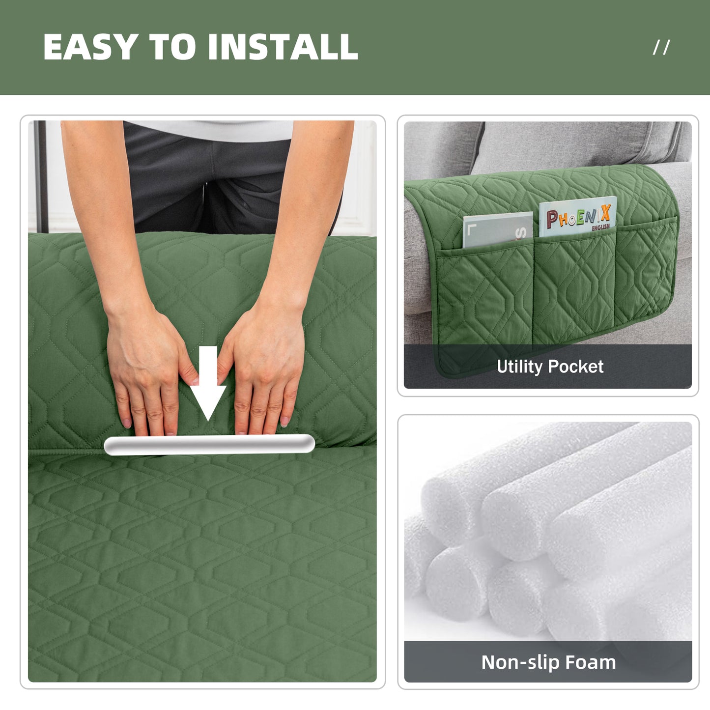 Recliner Sofa Cover Backless  for 1/2/3 Seater with Pocket, Slipcovers Reversible Washable Elastic Adjustable Strap for home,Dark Green