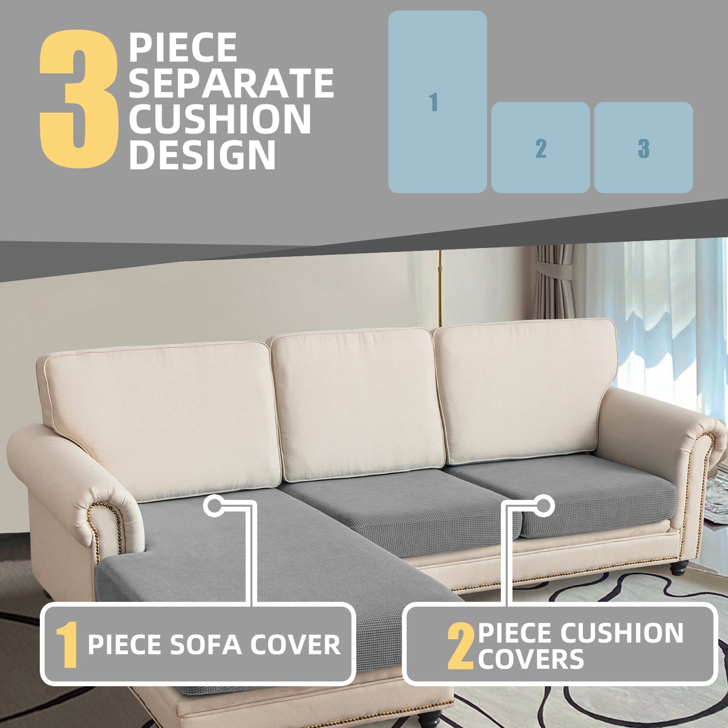 Sectional Couch Covers 3 Pieces Sofa Seat Cushion Covers L Shape Separate Cushion Couch Chaise Cover for Both Left/Right Sectional Couch (Large Sofa 2 Seater + 1 Chaise, Dove Grey)