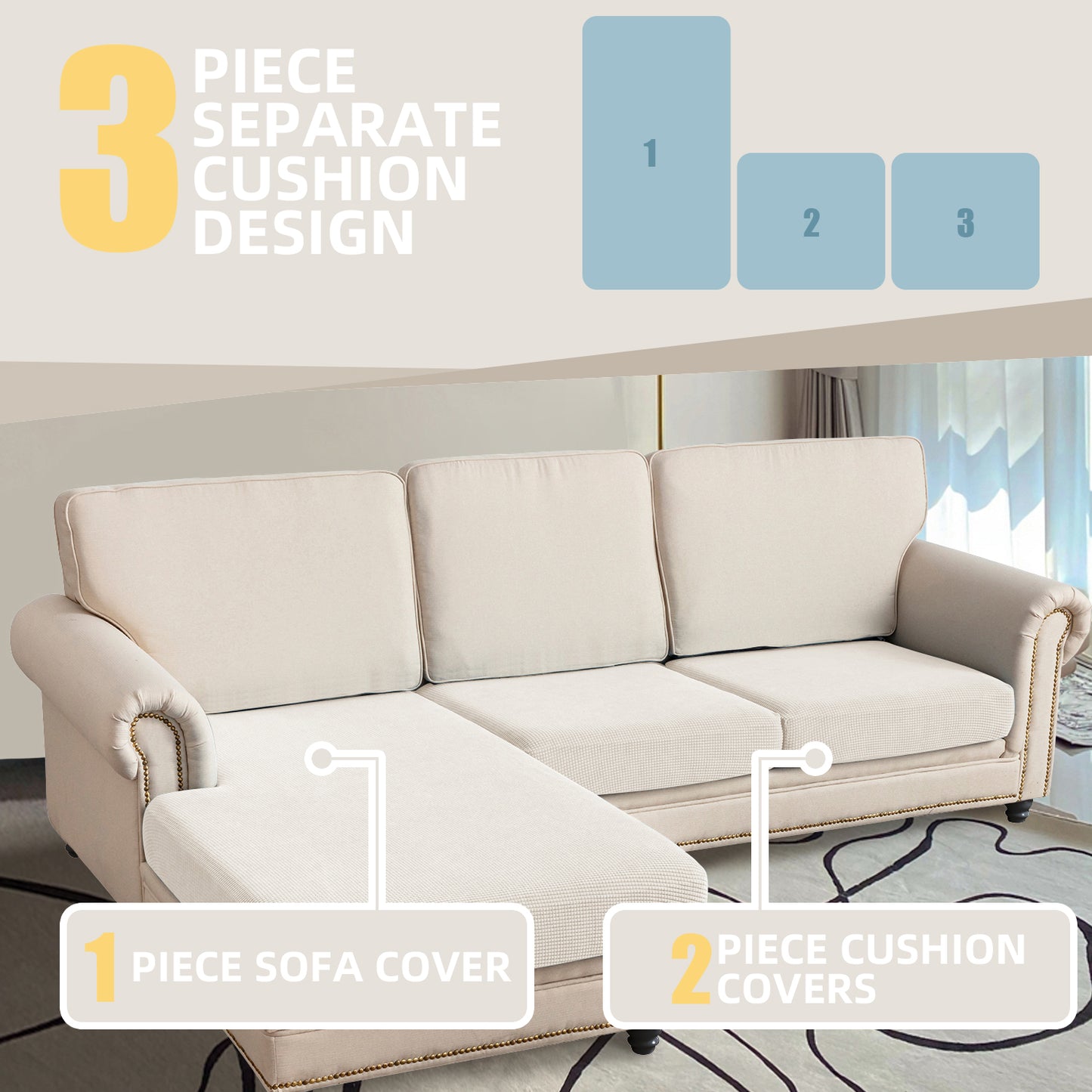 Sectional Couch Covers 3 Pieces Sofa Seat Cushion Covers L Shape Separate Cushion Couch Chaise Cover for Both Left/Right Sectional Couch (Large Sofa 2 Seater + 1 Chaise, Ivory)