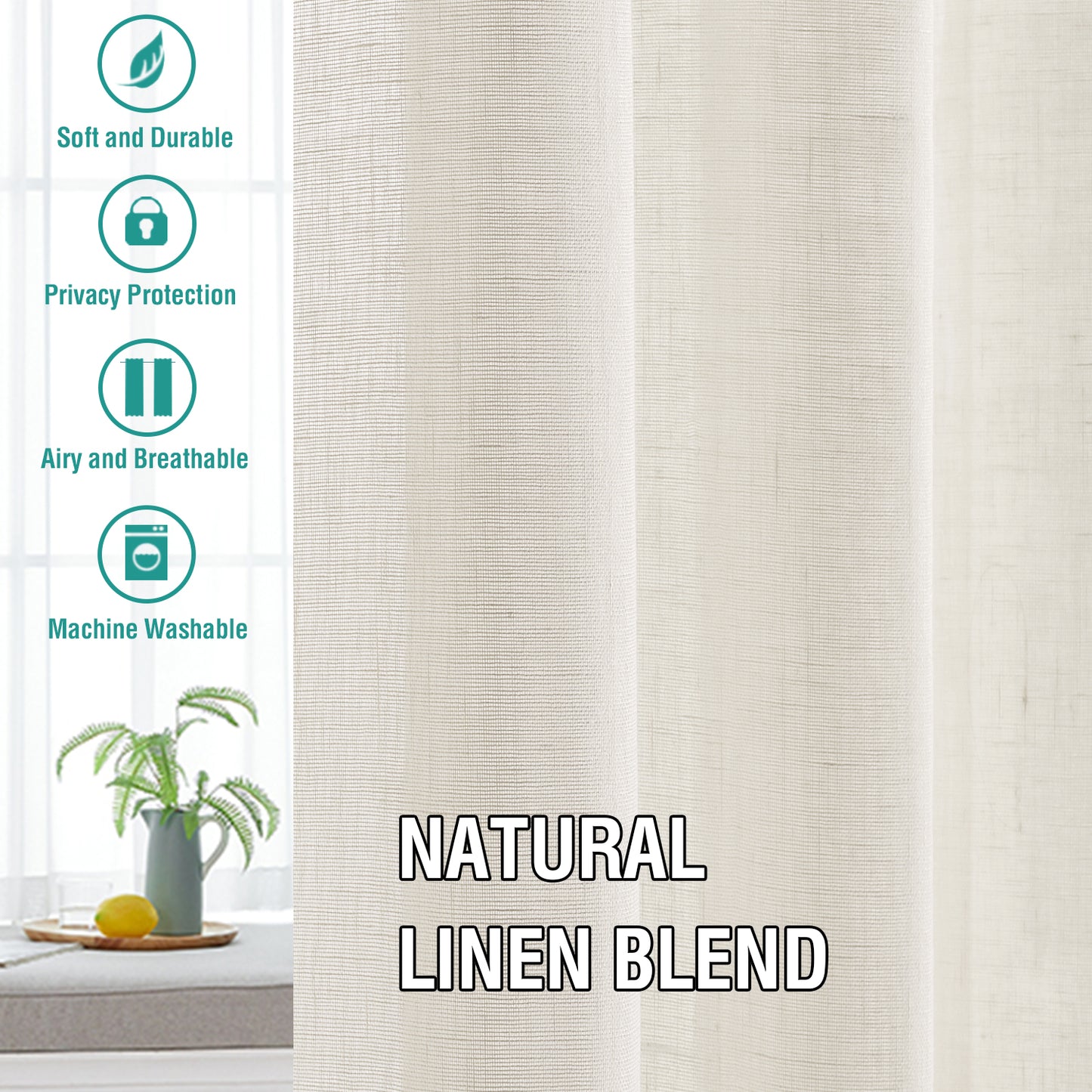 Natural Linen Sheer Curtains 2 Panels, Rod Pocket Semitransparent Semi-Sheer Soft Comfort Privacy Drapes,Ivory
