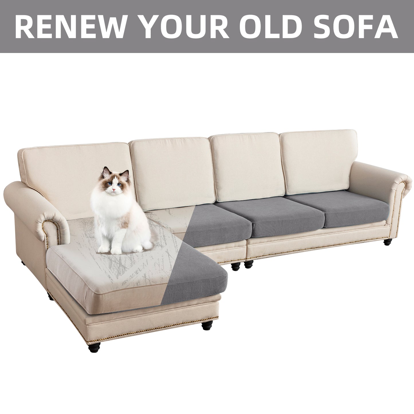 Sectional Couch Covers 4 Pieces Sofa Seat Cushion Covers L Shape Separate Cushion Couch Chaise Cover for Both Left/Right Sectional Couch (Large Sofa 3 Seater + 1 Chaise, Dove Grey)