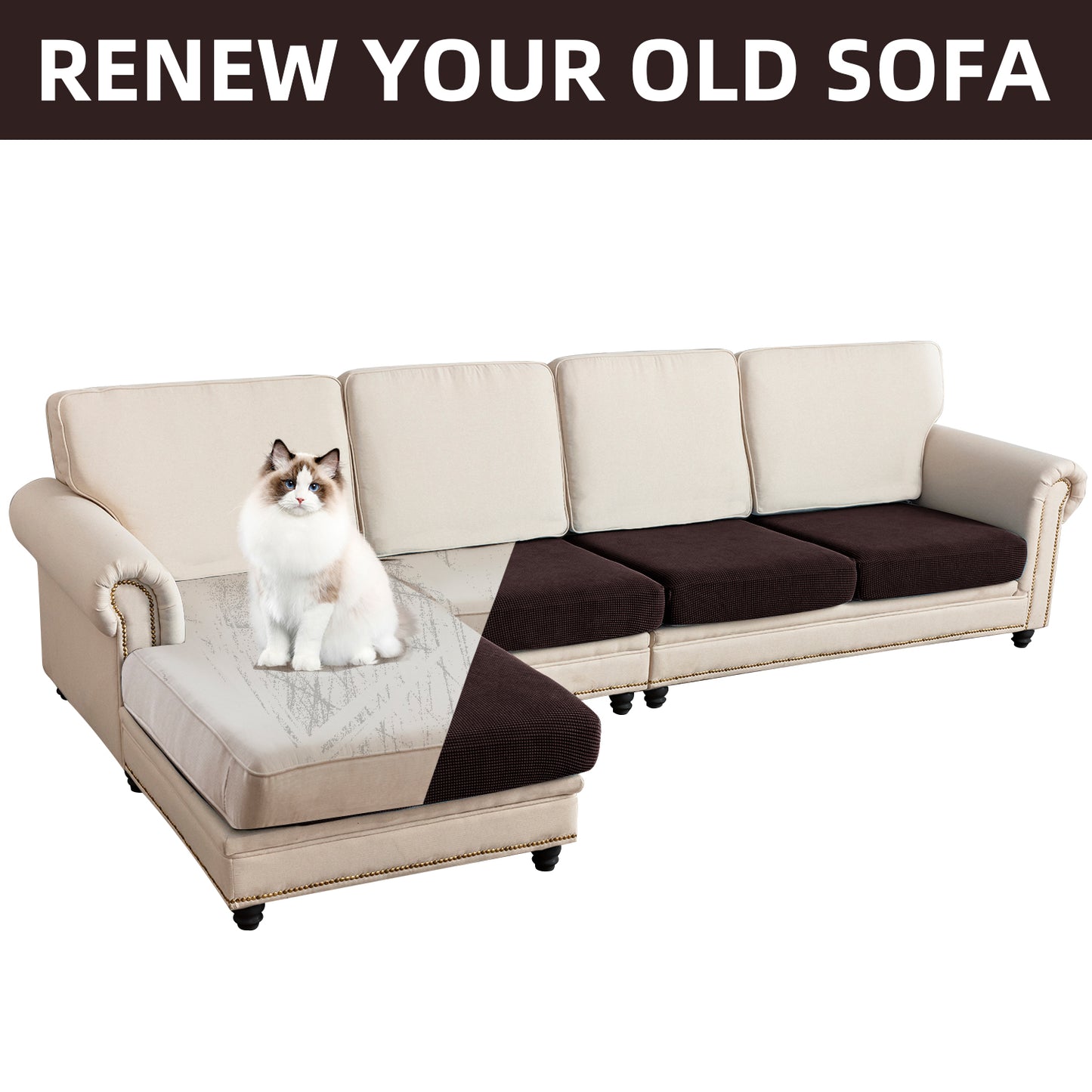 Sectional Couch Covers 4 Pieces Sofa Seat Cushion Covers L Shape Separate Cushion Couch Chaise Cover for Both Left/Right Sectional Couch (Large Sofa 3 Seater + 1 Chaise, Brown)