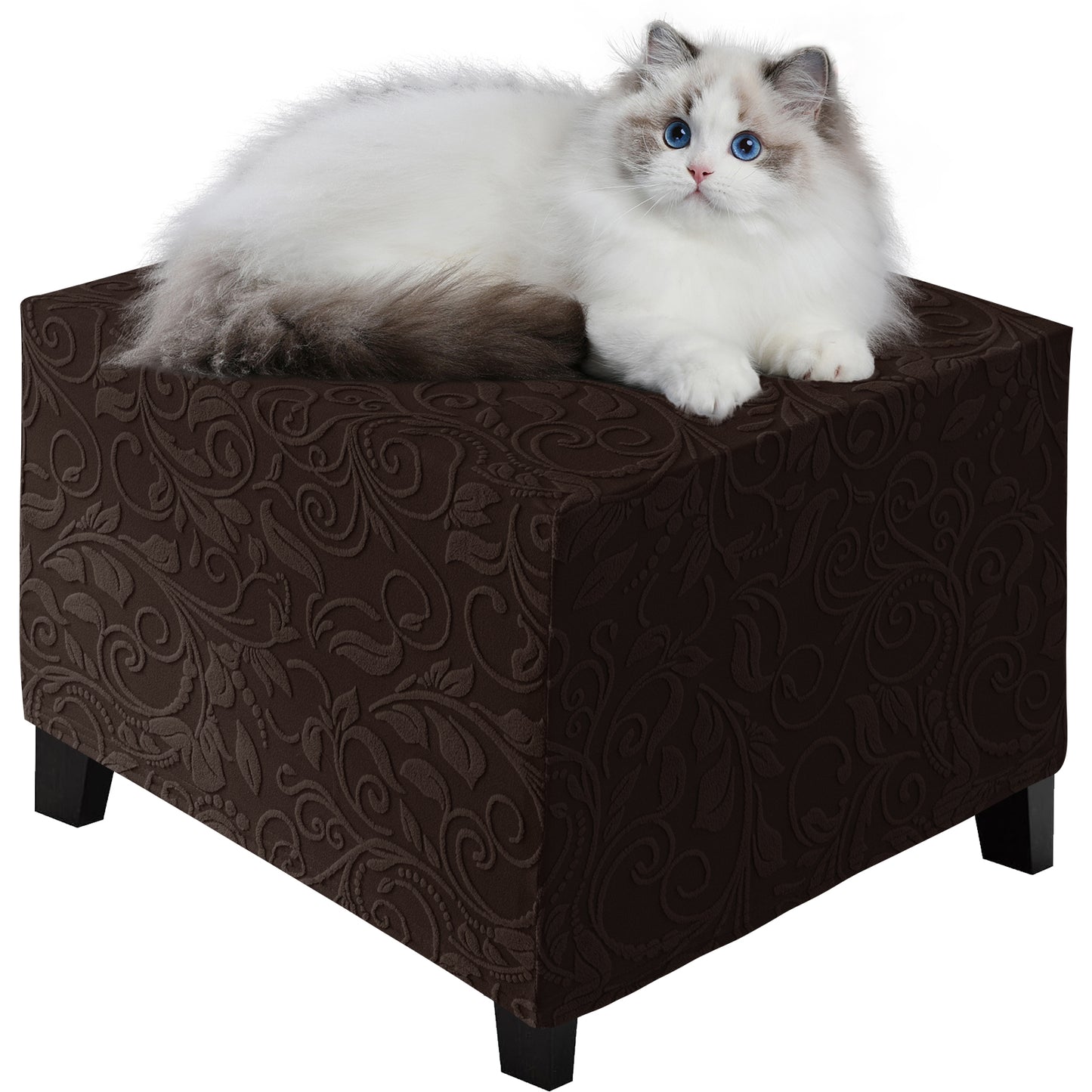 Stretch Square Ottoman Cover Jacquard Embroidery  Folding Storage Stool Furniture Protector Soft Rectangle slipcover with Elastic Bottom,Chocolate