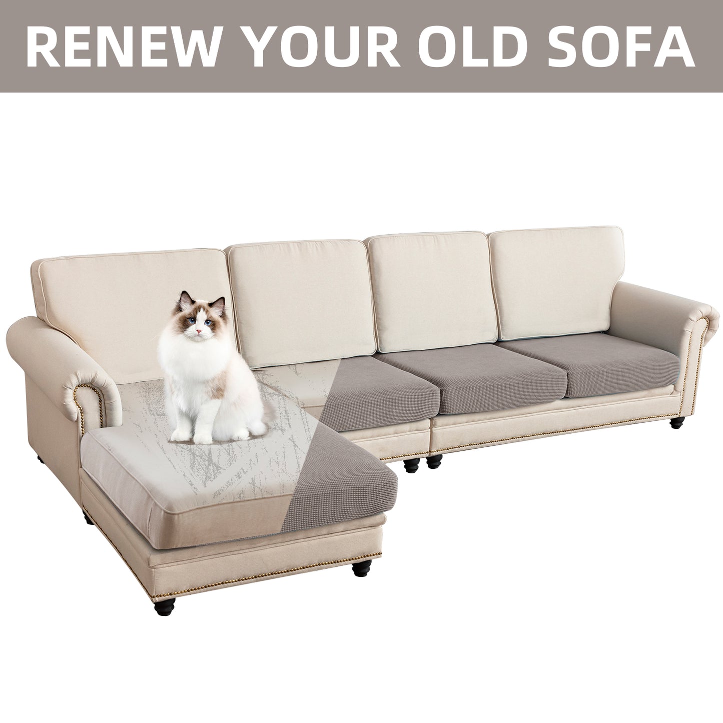 Sectional Couch Covers 4 Pieces Sofa Seat Cushion Covers L Shape Separate Cushion Couch Chaise Cover for Both Left/Right Sectional Couch (Large Sofa 3 Seater + 1 Chaise, Taupe)