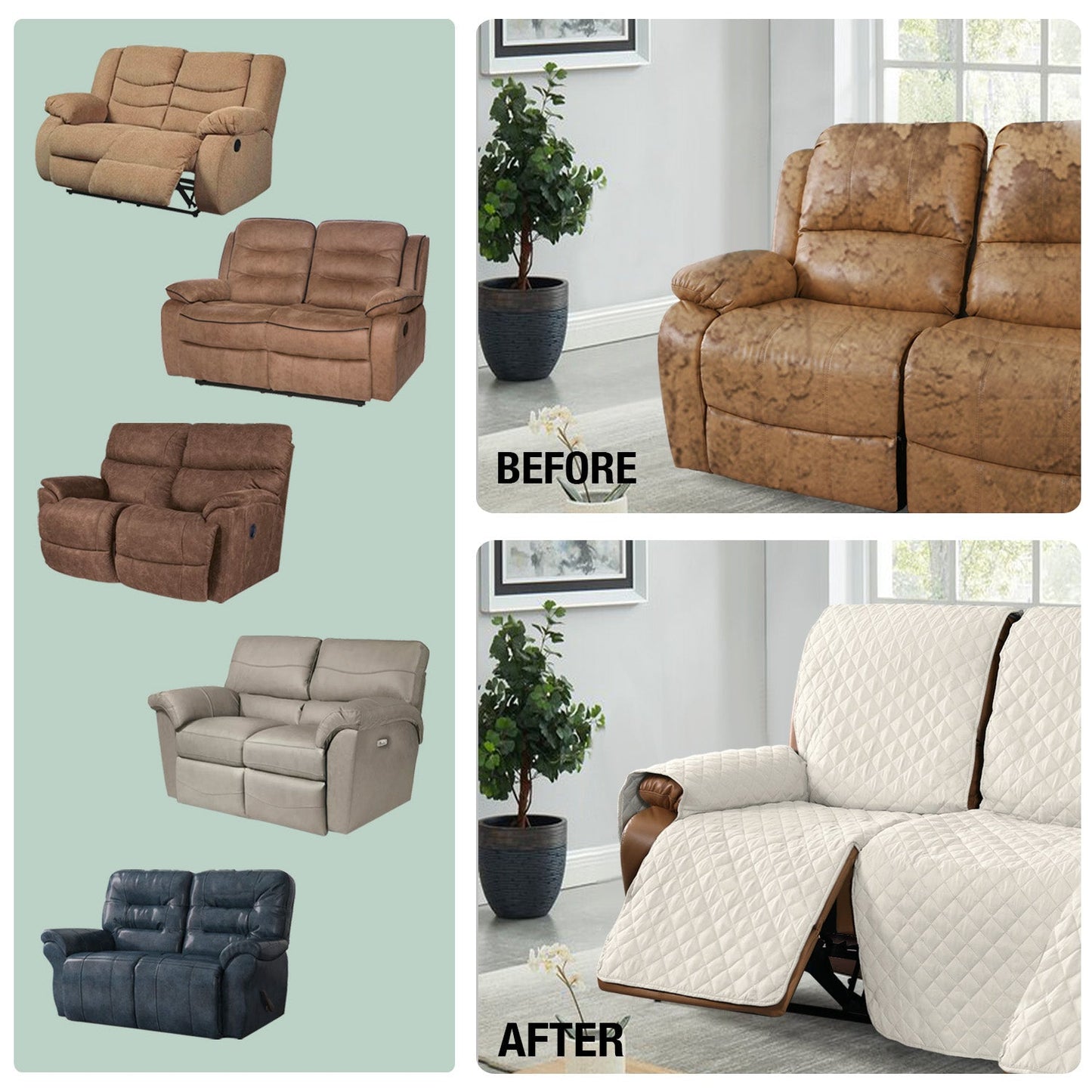 Recliner Sofa Cover with Pocket, Slipcovers Reversible Washable Elastic Adjustable Strap for home(2 Seater,Ivory White)