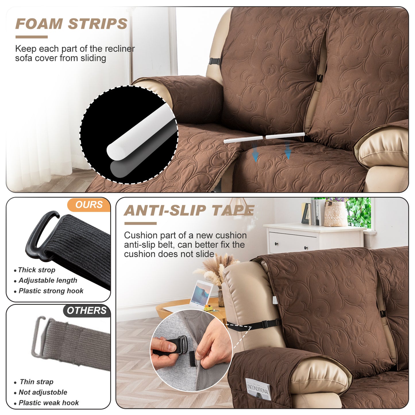 Waterproof Recliner Sofa Covers 3 Seater, Non-Slip Reclining Couch Covers for 3 Seat, Reclining Sofa Covers for Living Room, for Pets Kids Protector, Washable (Brown)